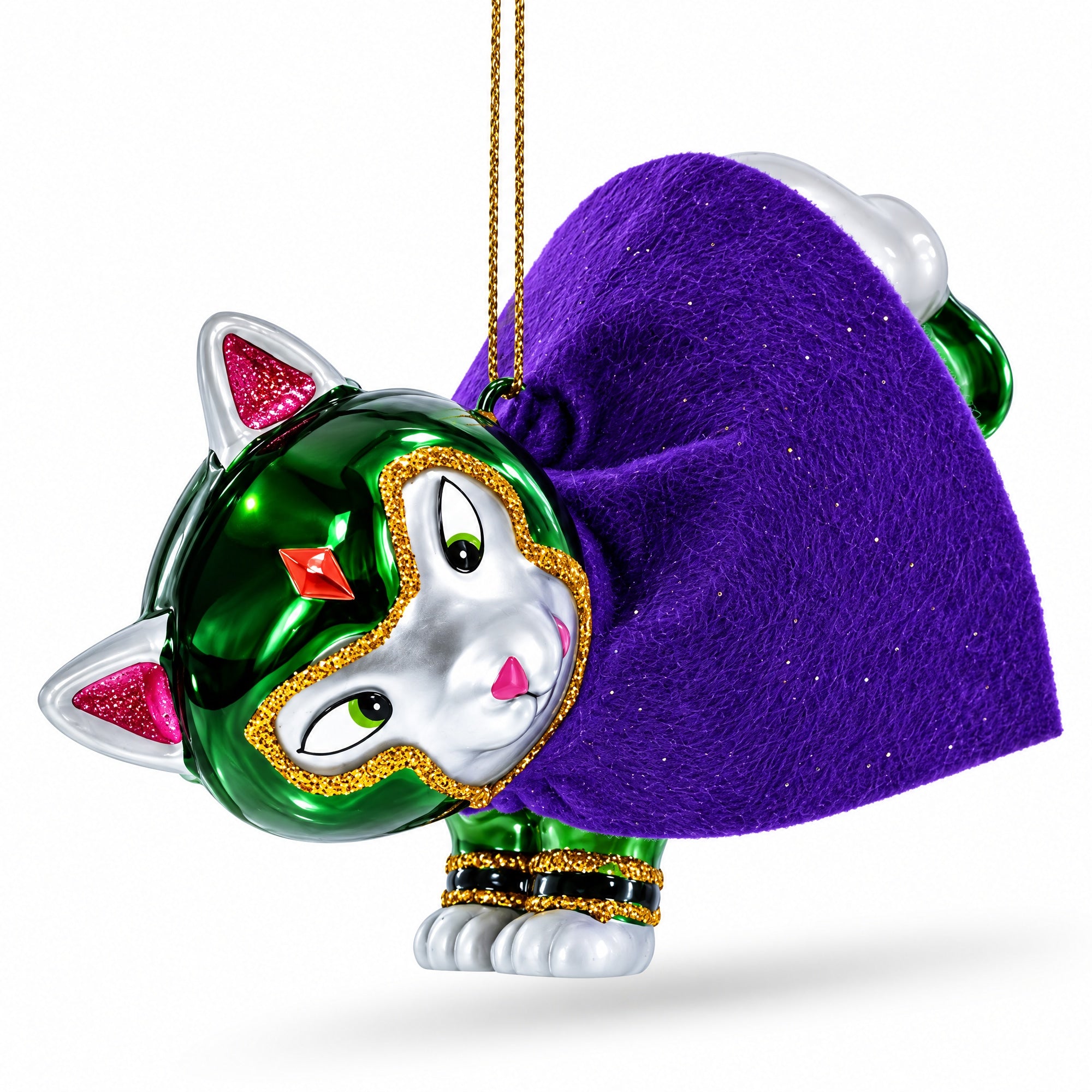 Super Dog in Green Mask Glass Christmas Ornament