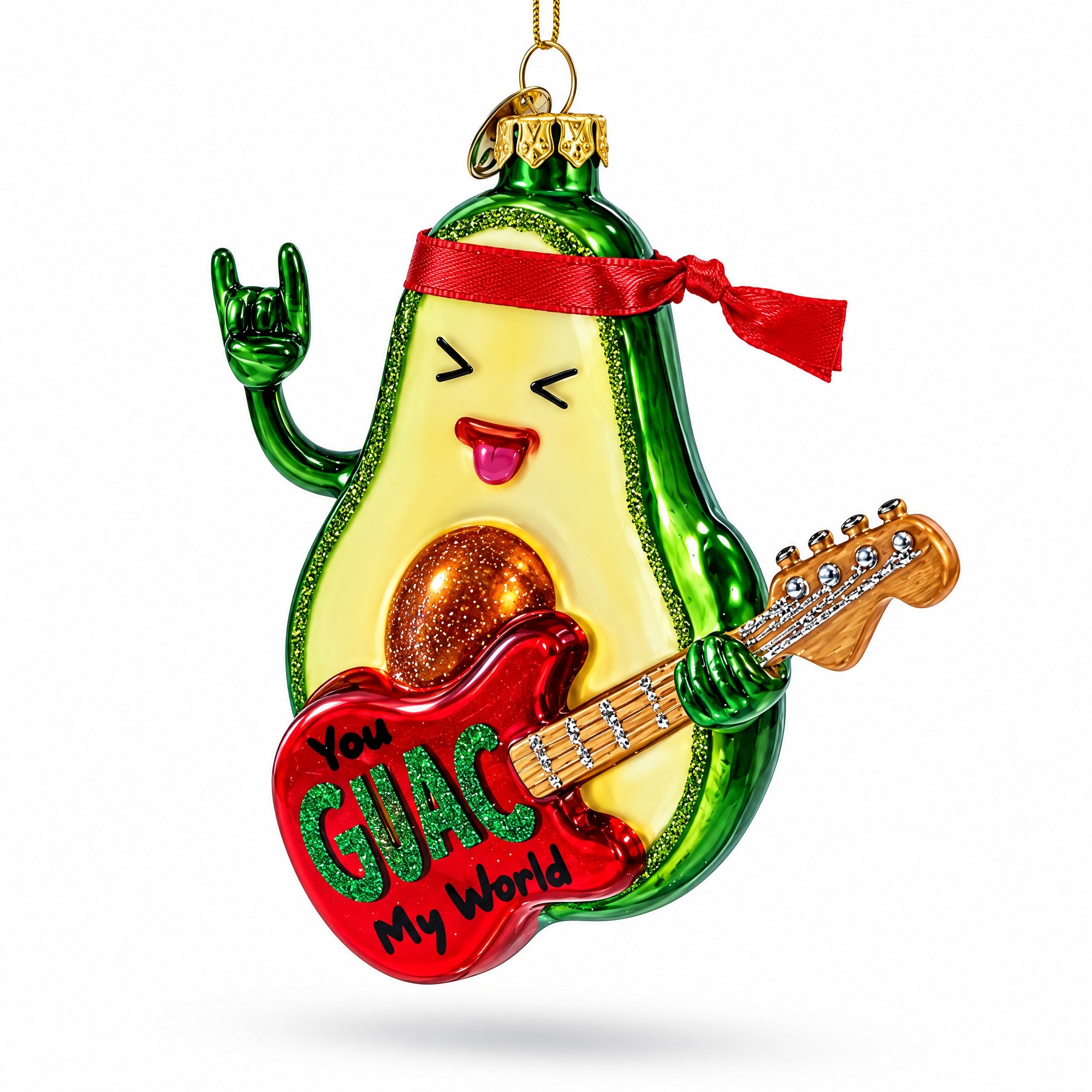 Musical Avocado Strumming a Guitar Glass Christmas Ornament