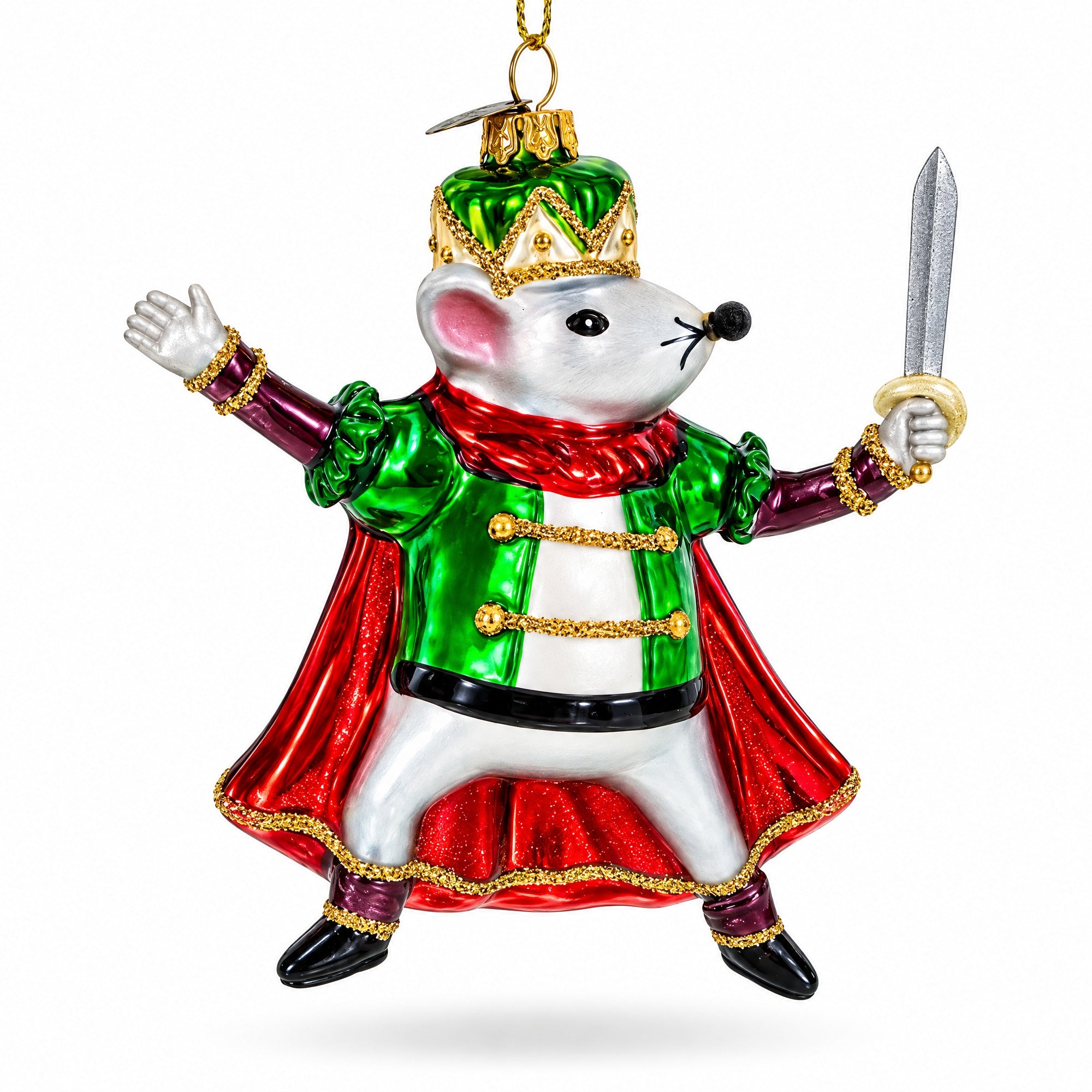 Regal Mouse King Wielding a Sword Glass Christmas Ornament