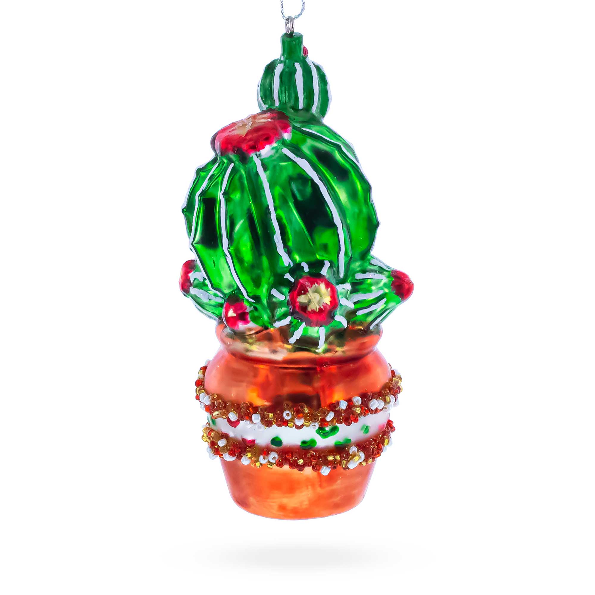 Decorated Cactus in a Pot Glass Christmas Ornament
