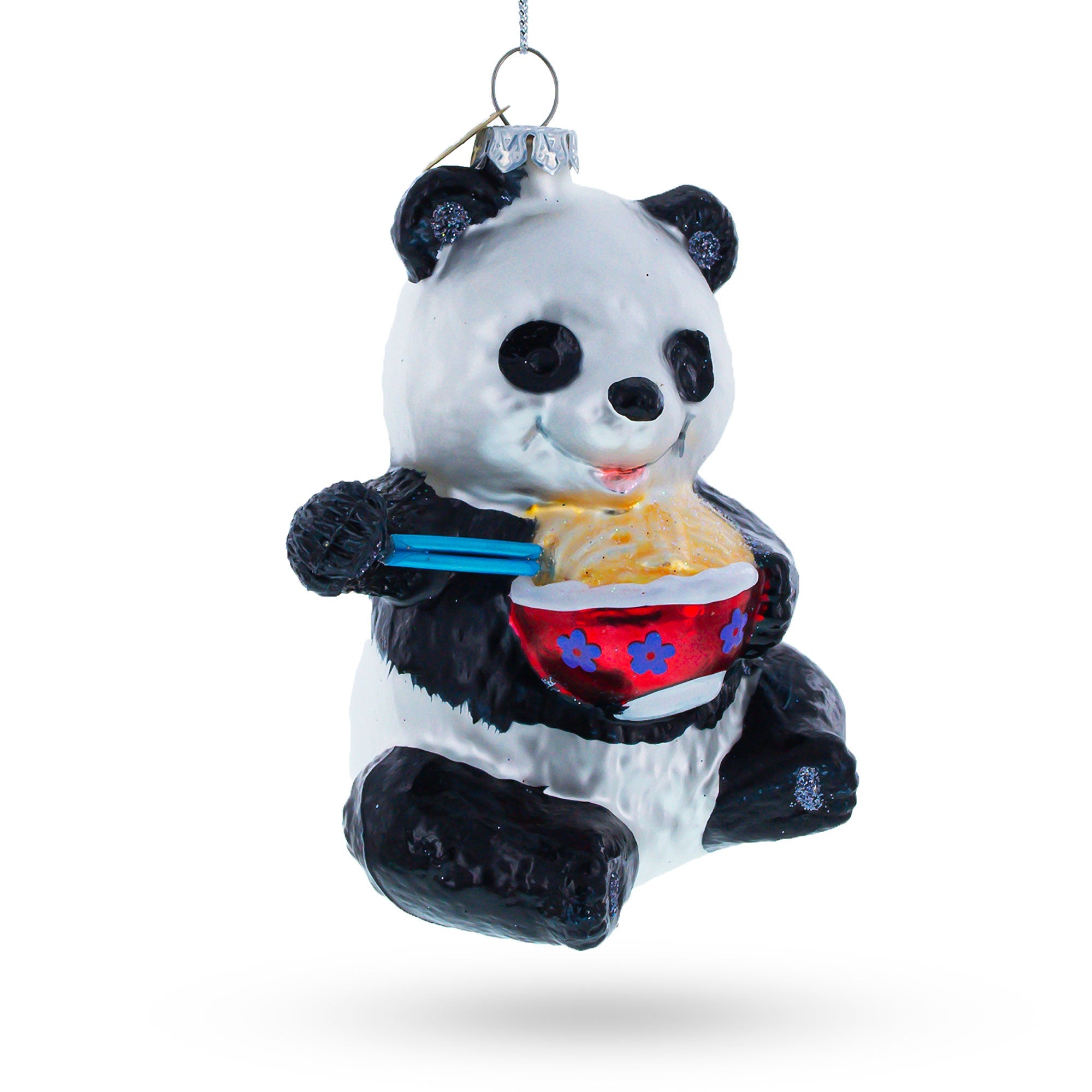 Panda Relishing Noodles Glass Christmas Ornament