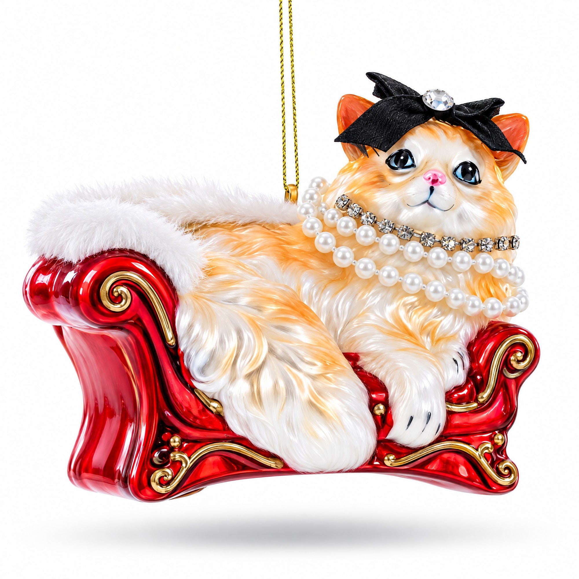 Cat in Pearl Necklace Lounging on Sofa Glass Christmas Ornament