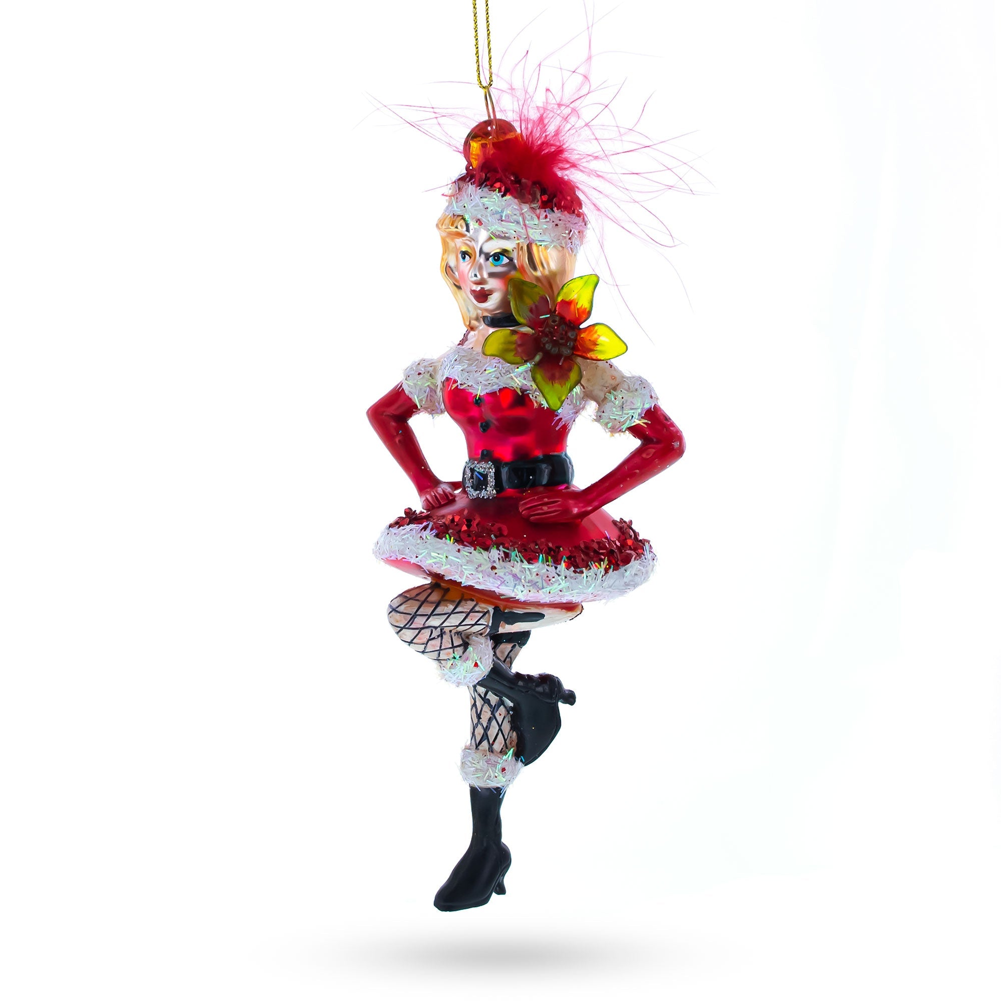 Woman in Santa Dress Dancing Glass Christmas Ornament
