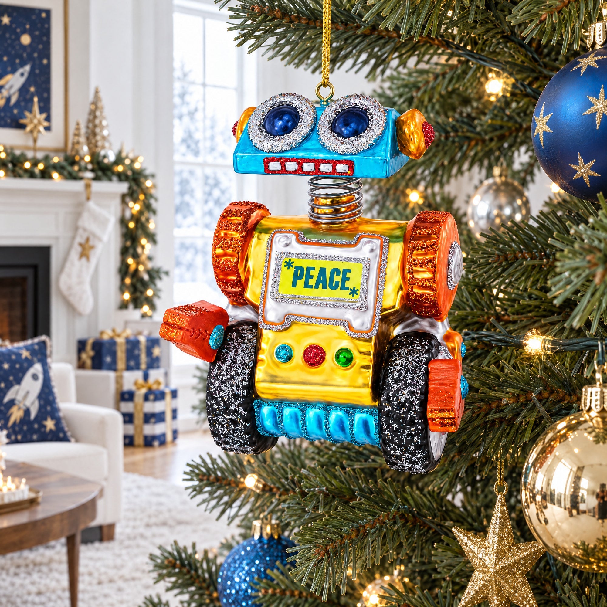 Robot on Wheels Glass Christmas Ornament