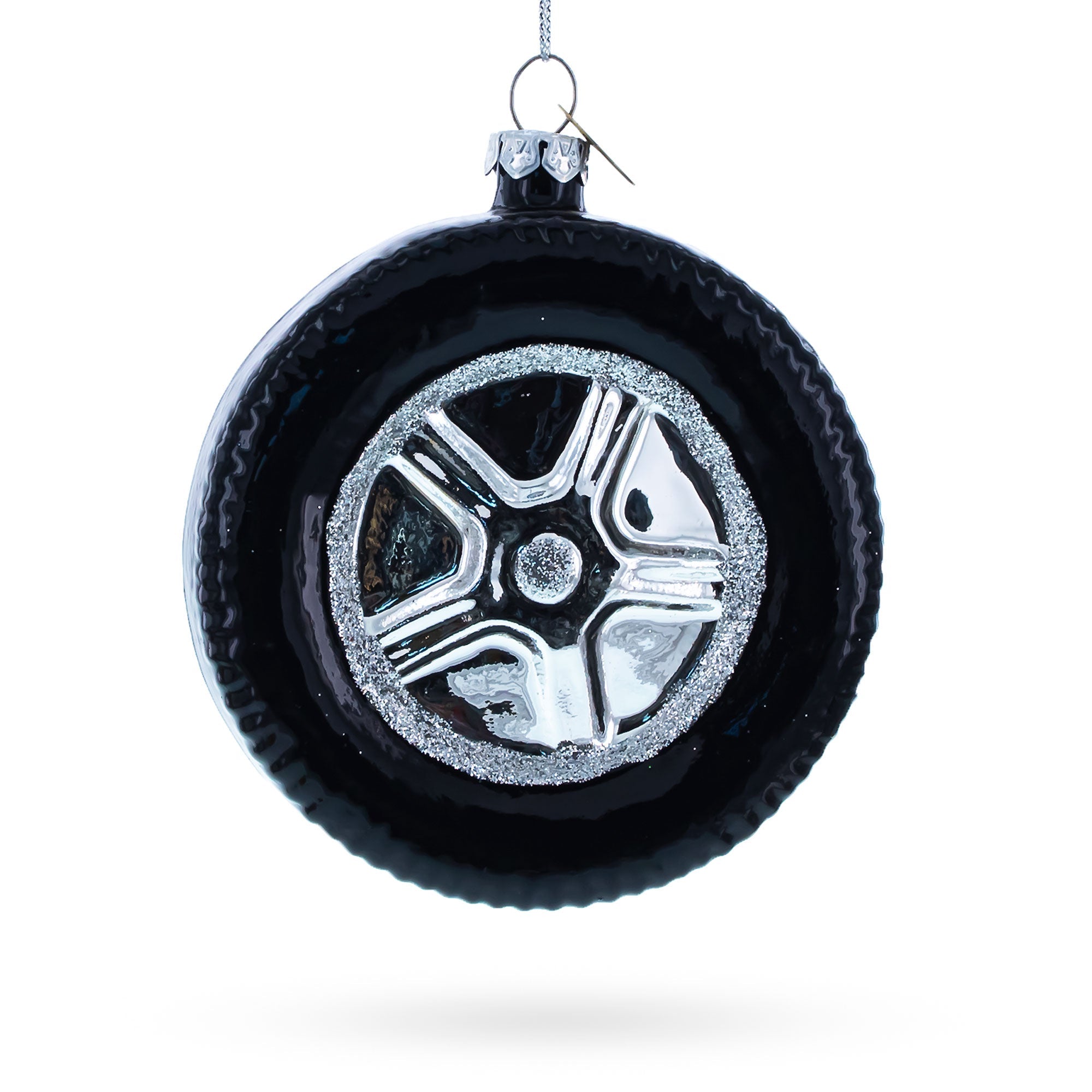 Sleek Black Car Wheel Glass Christmas Ornament