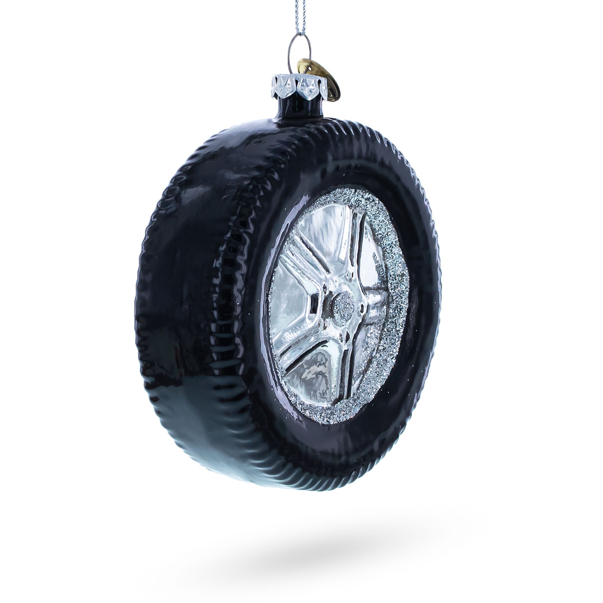 Sleek Black Car Wheel Glass Christmas Ornament