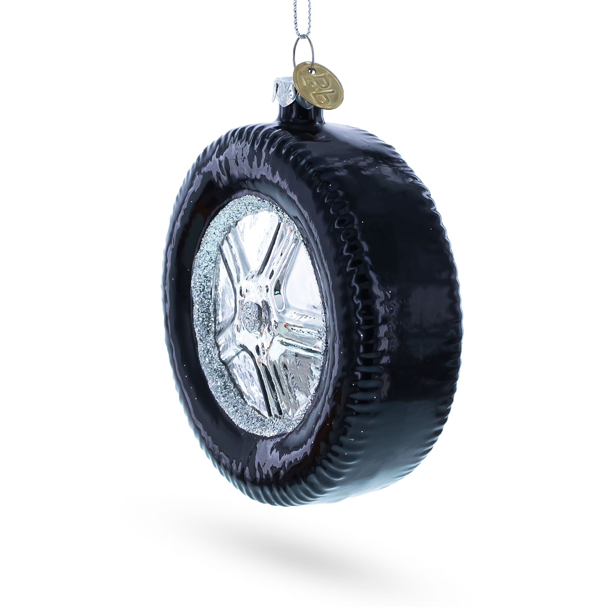 Sleek Black Car Wheel Glass Christmas Ornament