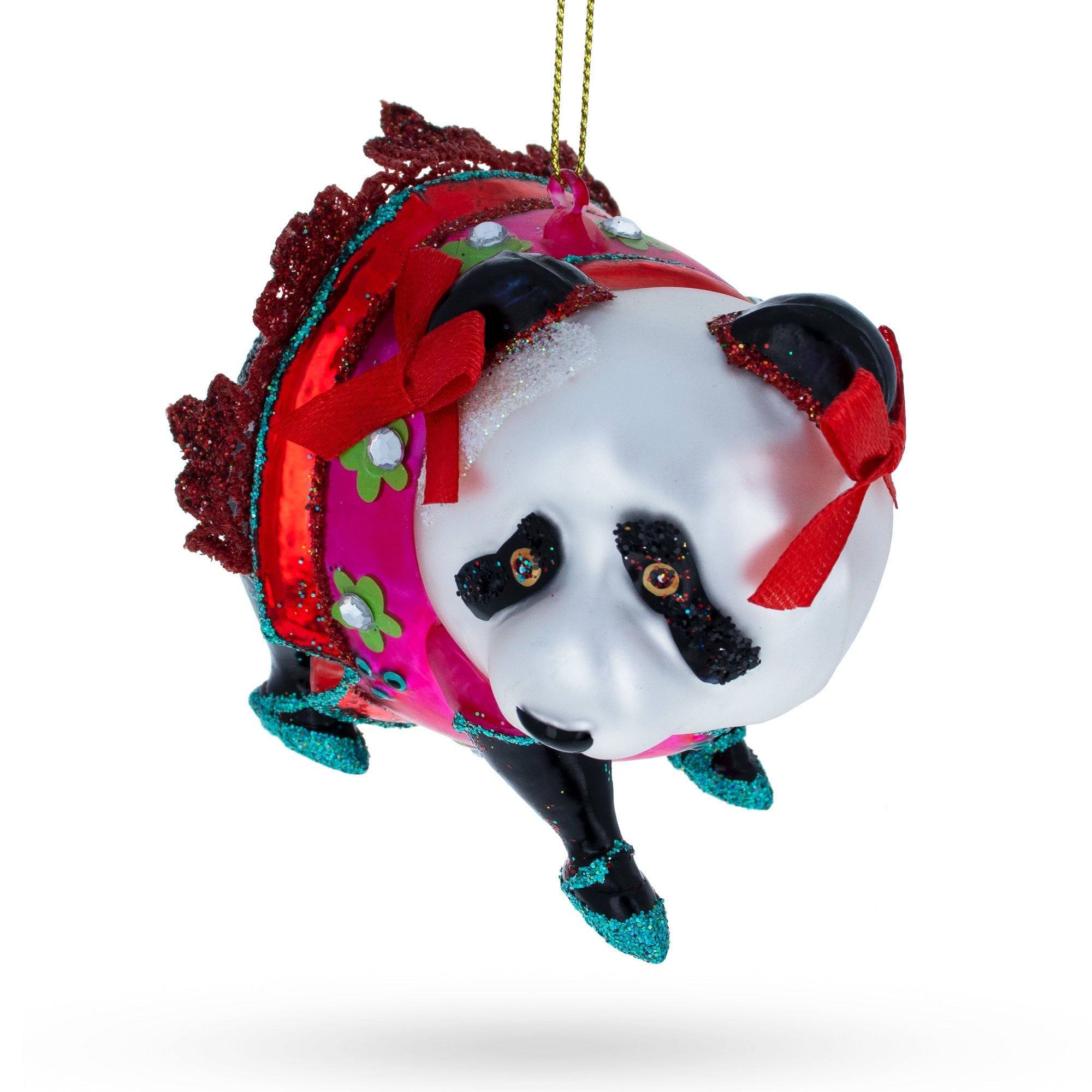 Panda in Colorful Dress Glass Christmas Ornament