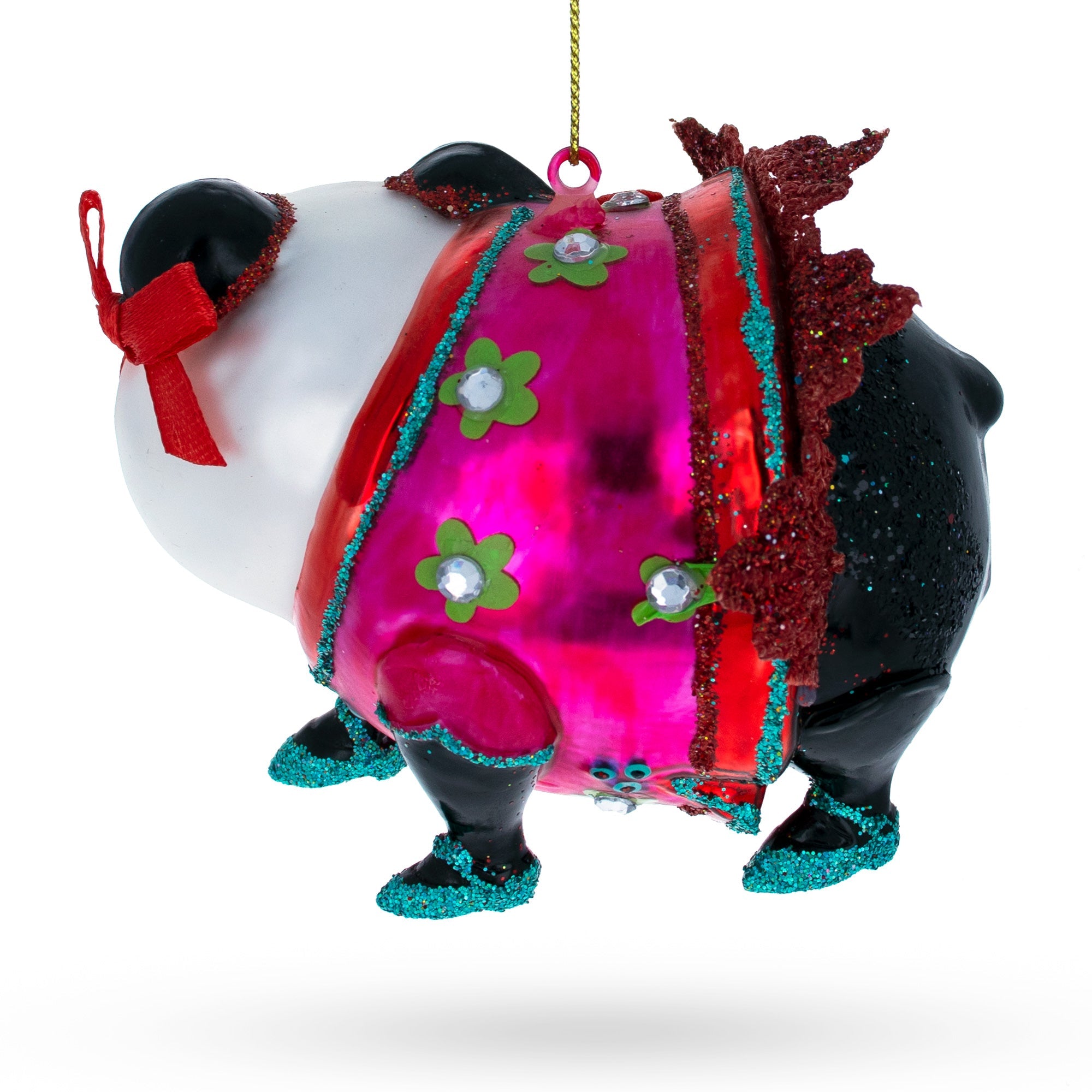 Panda in Colorful Dress Glass Christmas Ornament