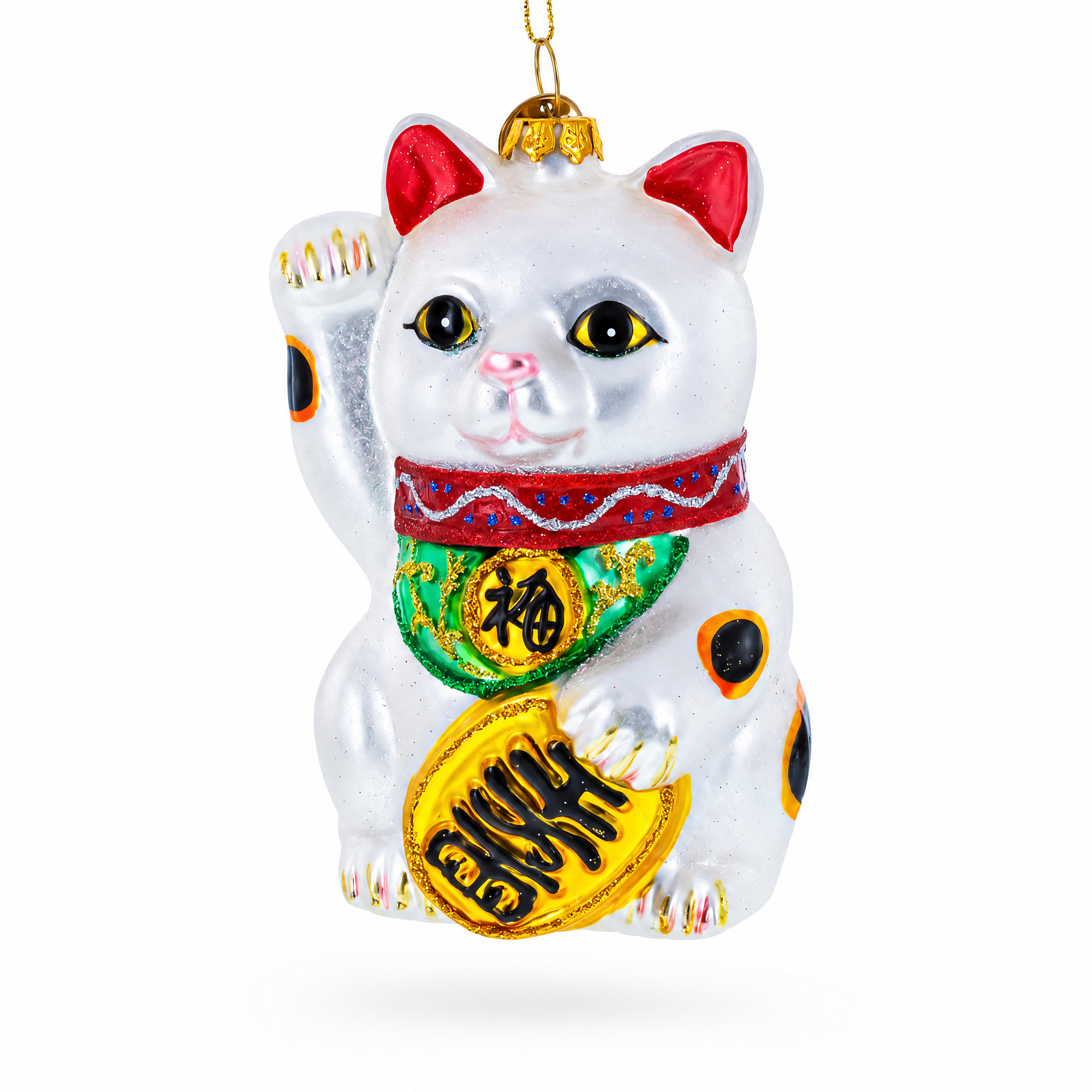 Japanese Lucky Maneki Cat Glass Christmas Ornament