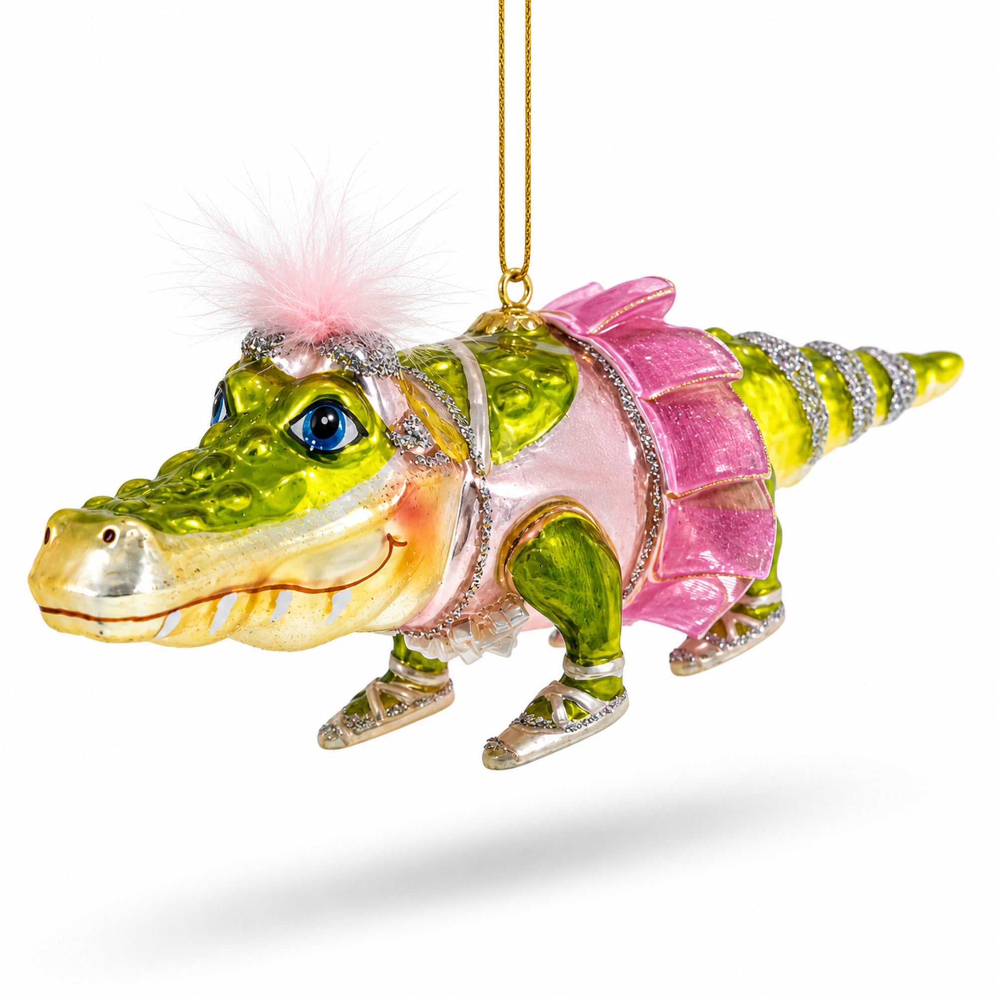 Alligator in Pink Ballerina Ensemble Glass Christmas Ornament
