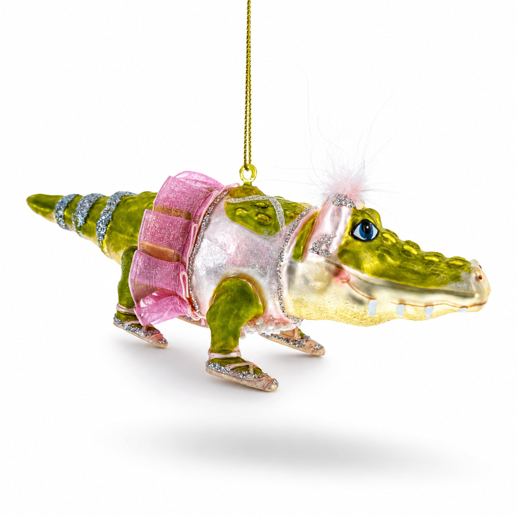 Alligator in Pink Ballerina Ensemble Glass Christmas Ornament
