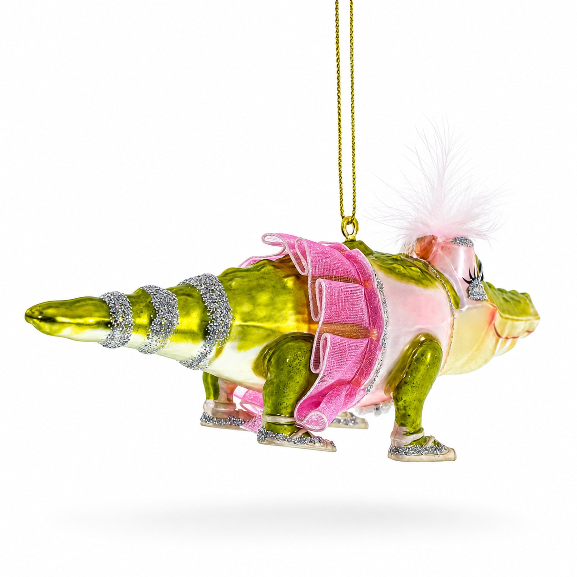 Alligator in Pink Ballerina Ensemble Glass Christmas Ornament