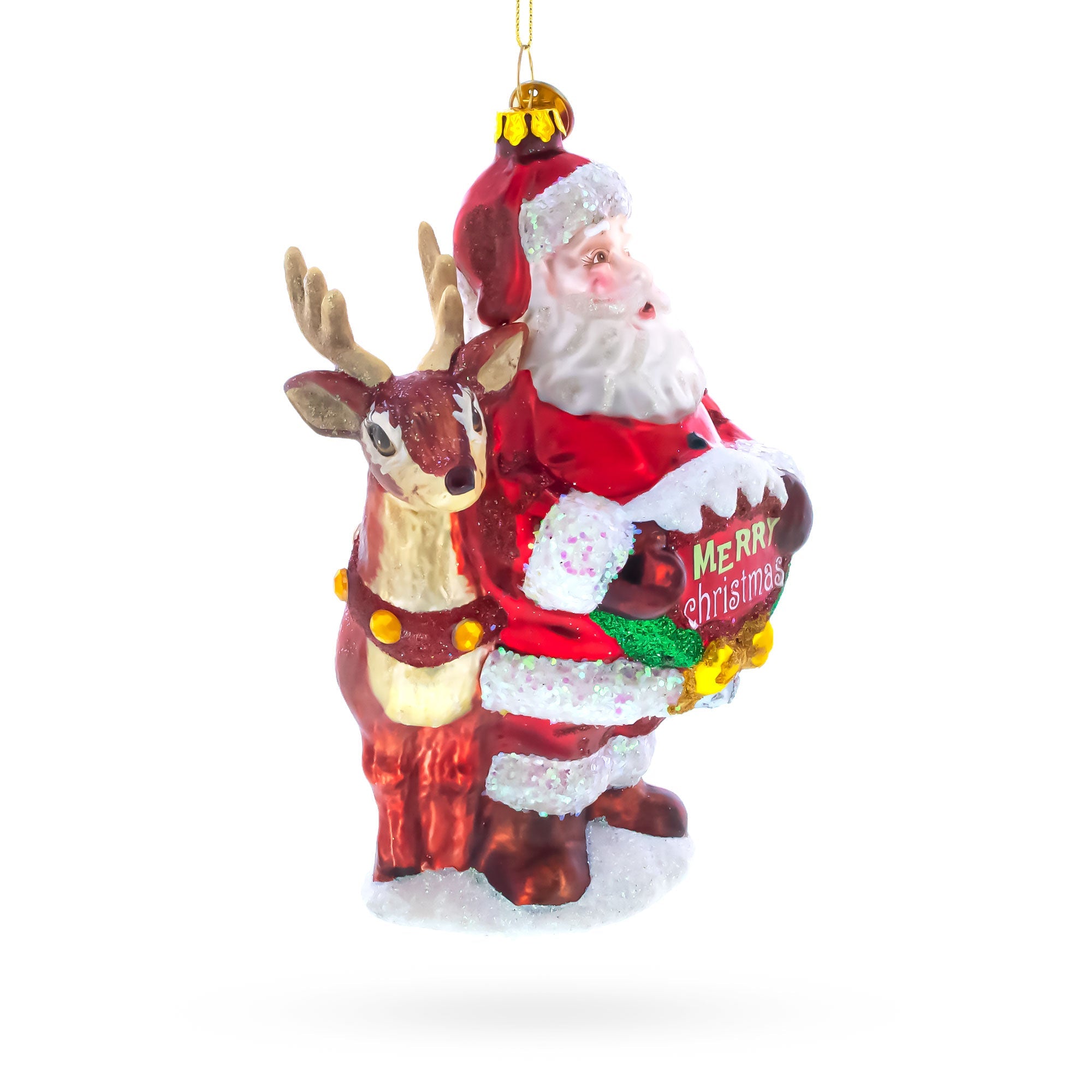 Santa with Reindeer with Sign Glass Christmas Ornament