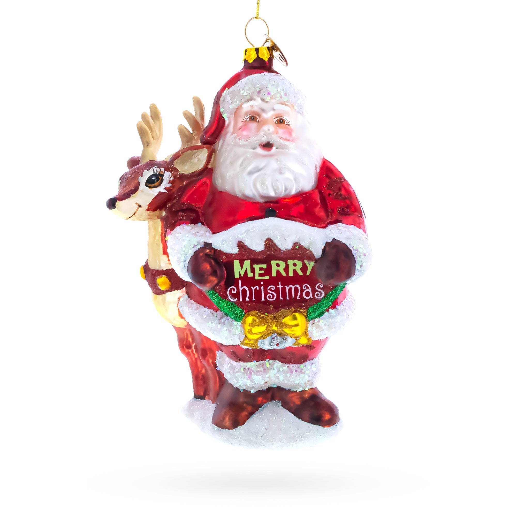 Santa with Reindeer with Sign Glass Christmas Ornament
