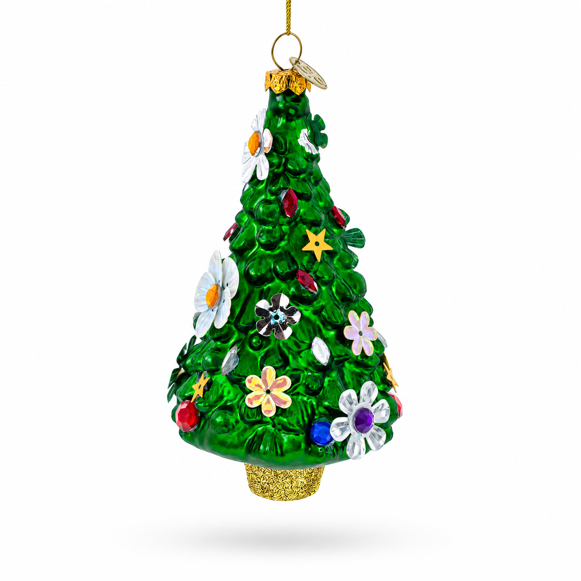 Blossom-Adorned Christmas Tree Glass Ornament