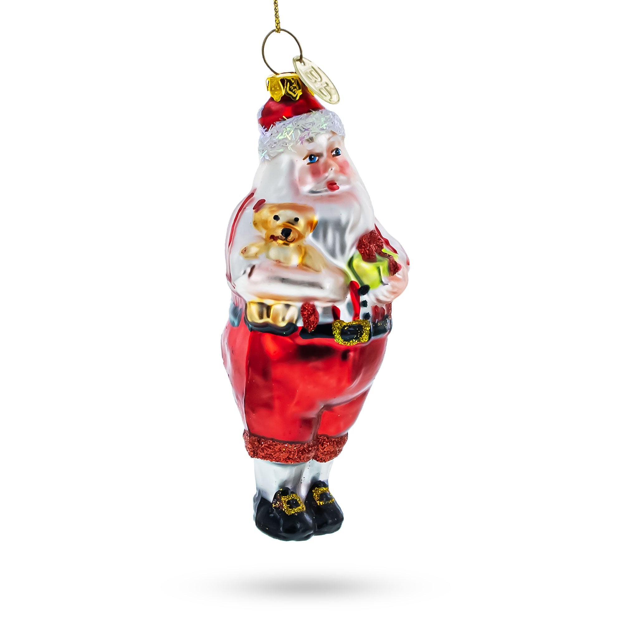 Santa with Teddy Bear and Gift Glass Christmas Ornament