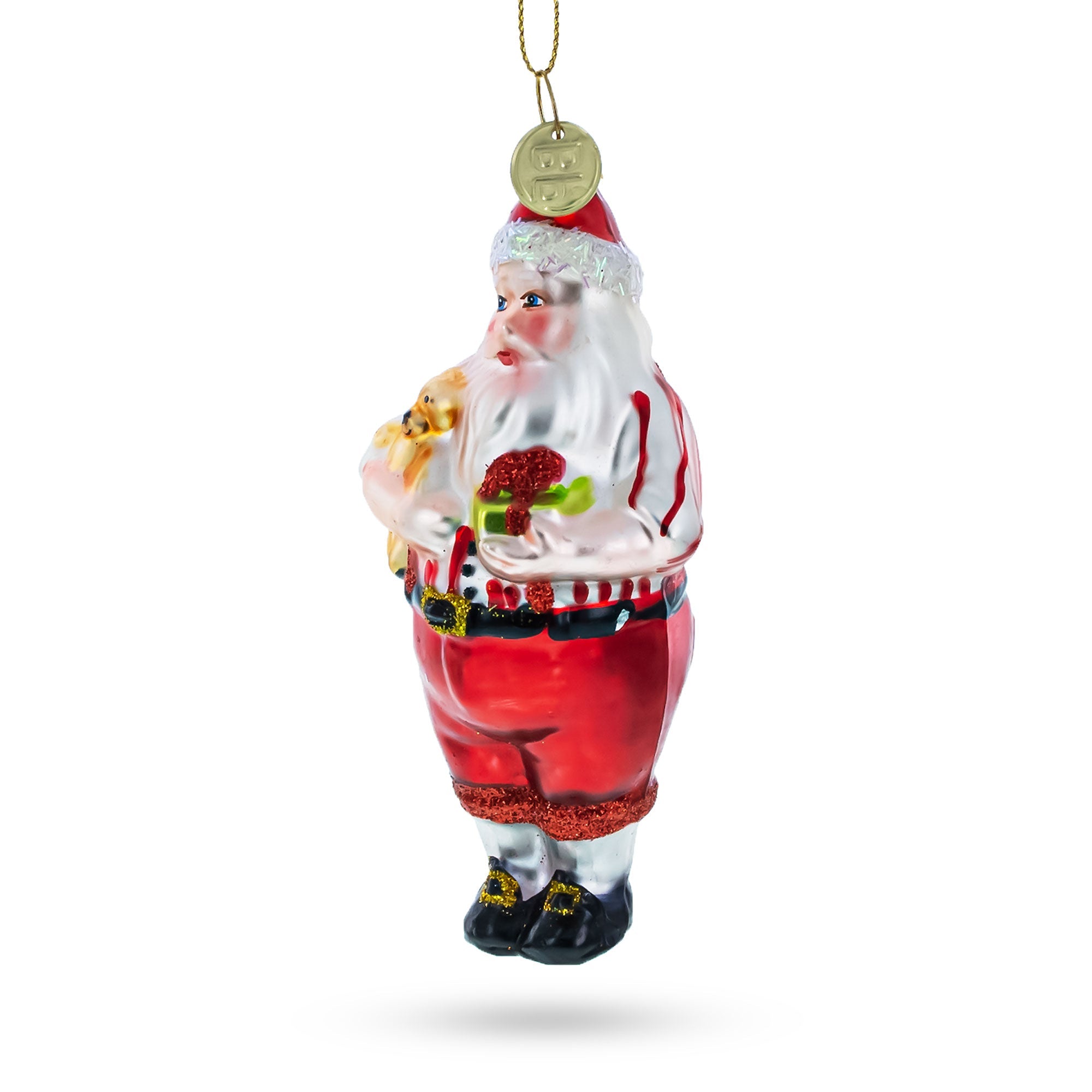 Santa with Teddy Bear and Gift Glass Christmas Ornament