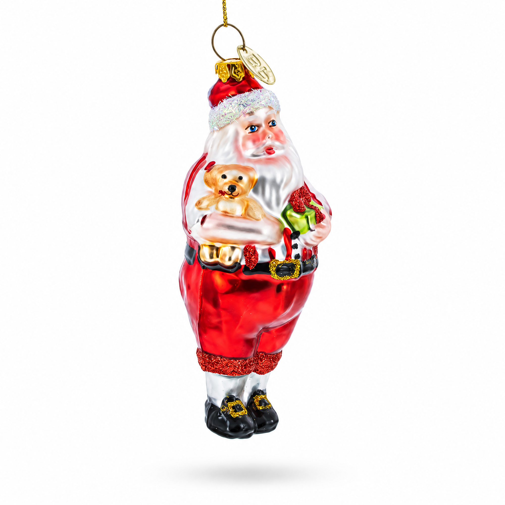 Santa with Teddy Bear and Gift Glass Christmas Ornament