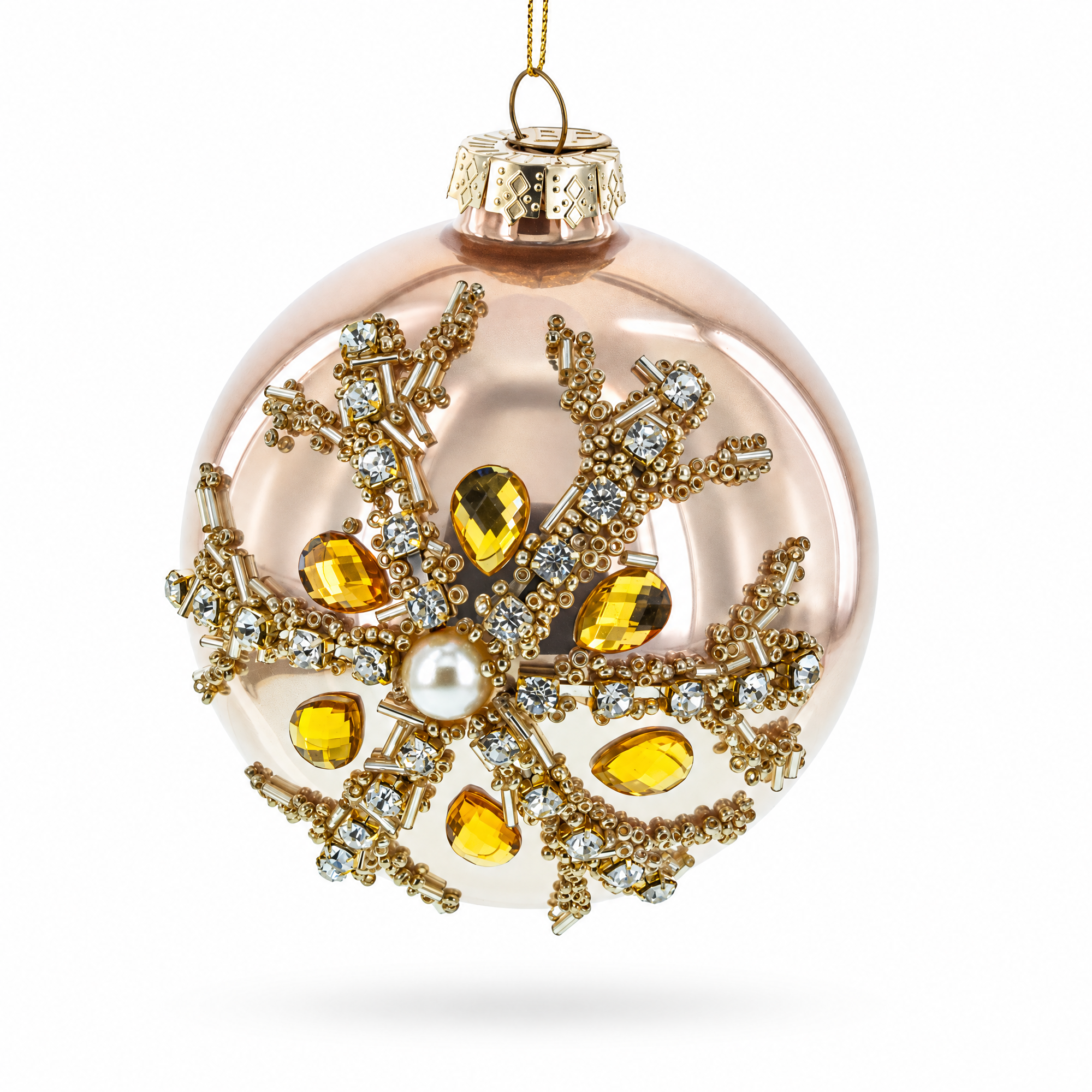 Rose Gold and Yellow Bejeweled Glass Egg Christmas Ornament