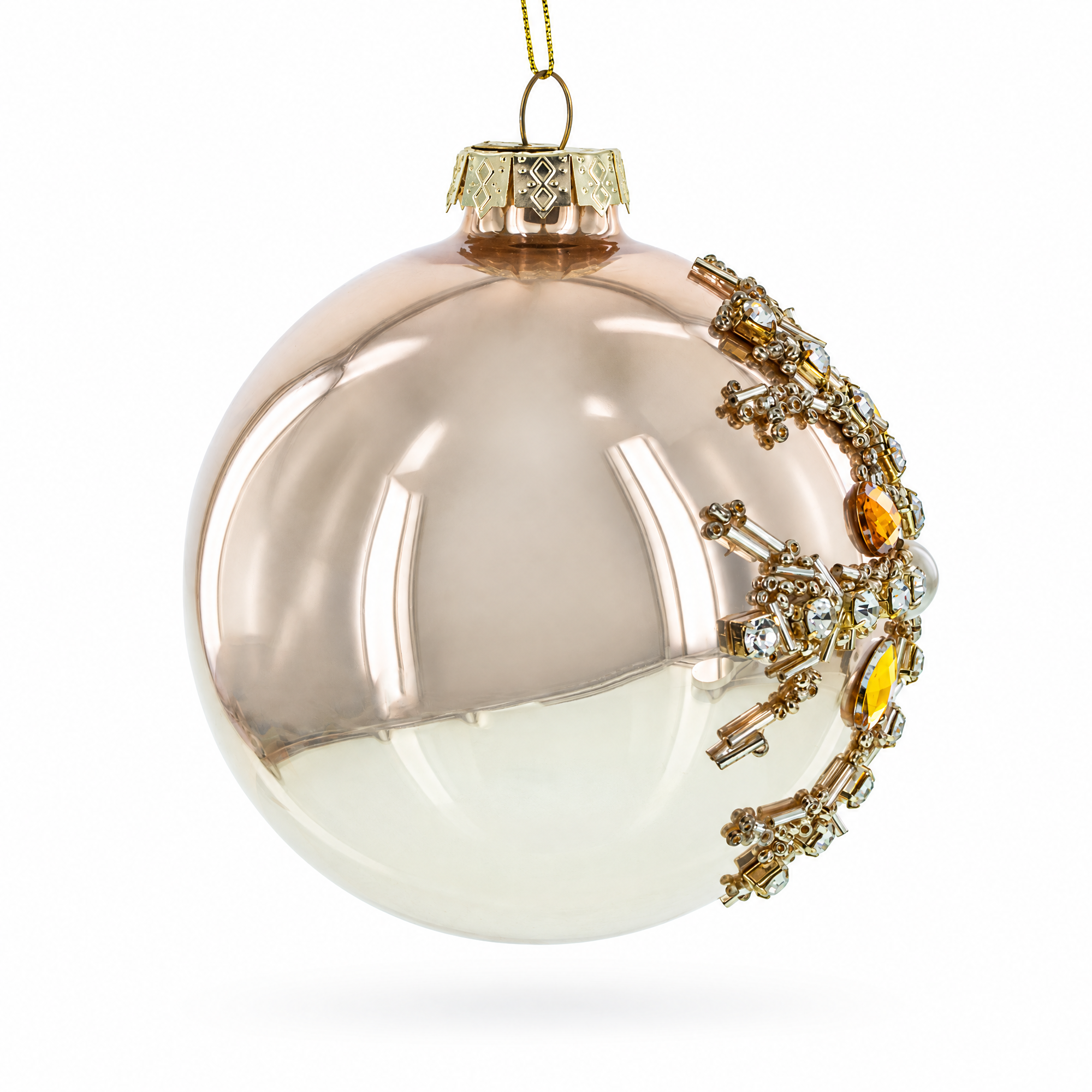 Rose Gold and Yellow Bejeweled Glass Egg Christmas Ornament