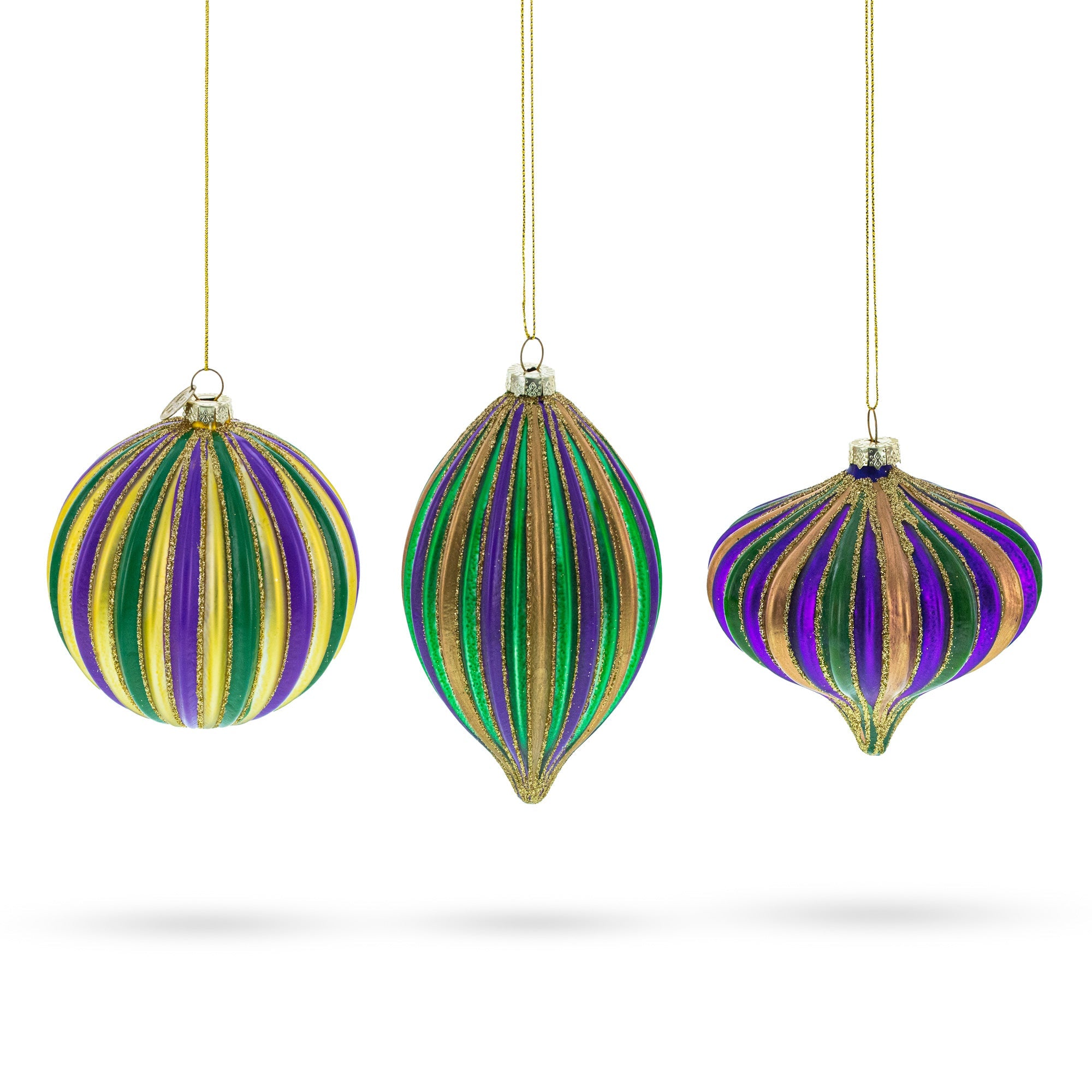 Set of 3 Mardi Gras Ribbed Glass Christmas Ornaments