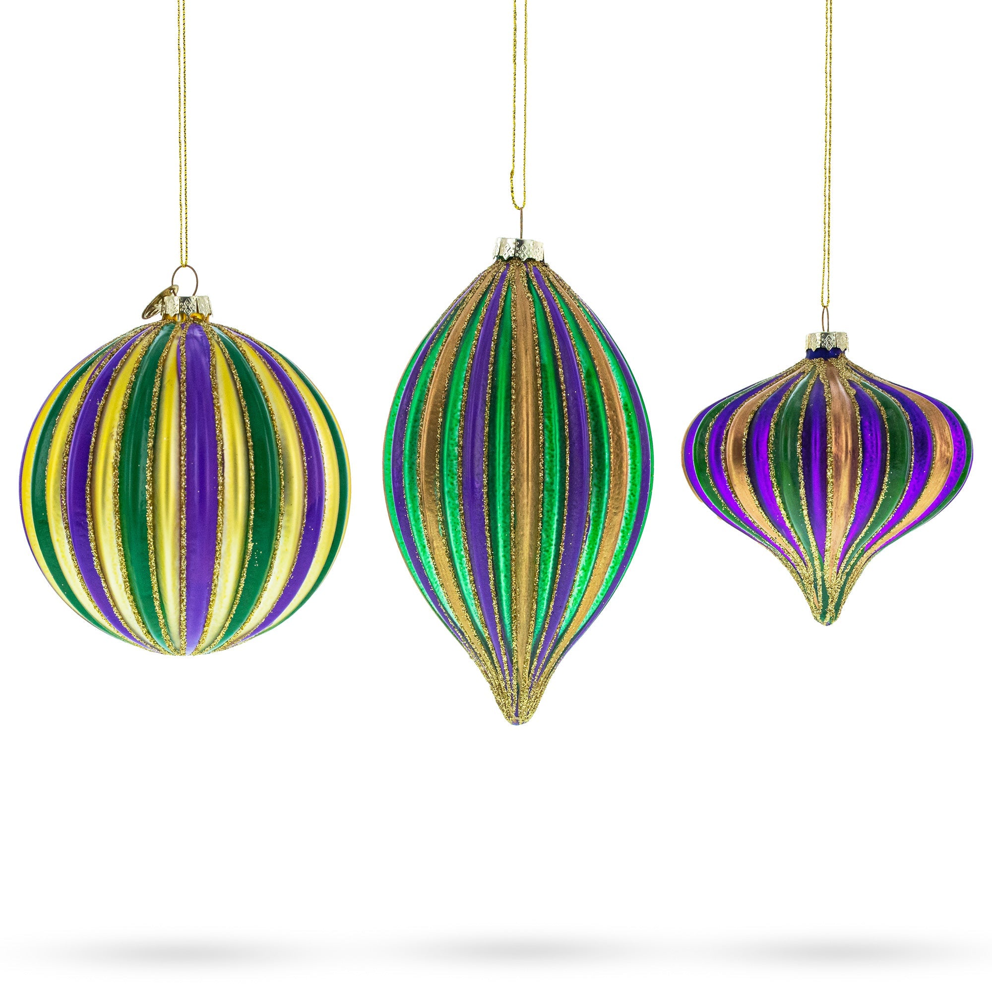 Set of 3 Mardi Gras Ribbed Glass Christmas Ornaments