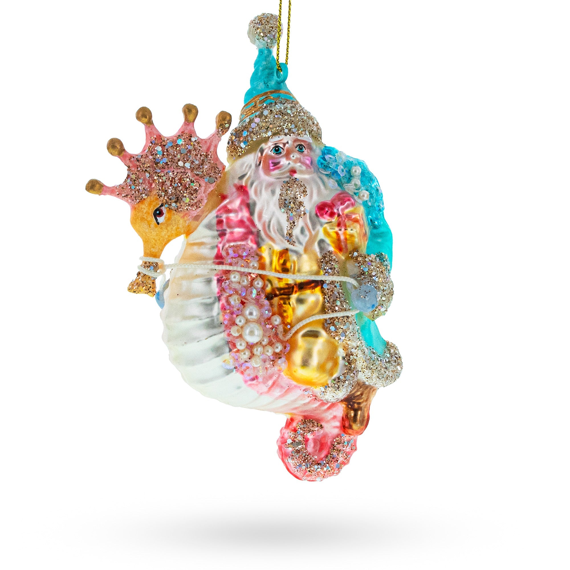 Santa Riding Seahorse Glass Christmas Ornament