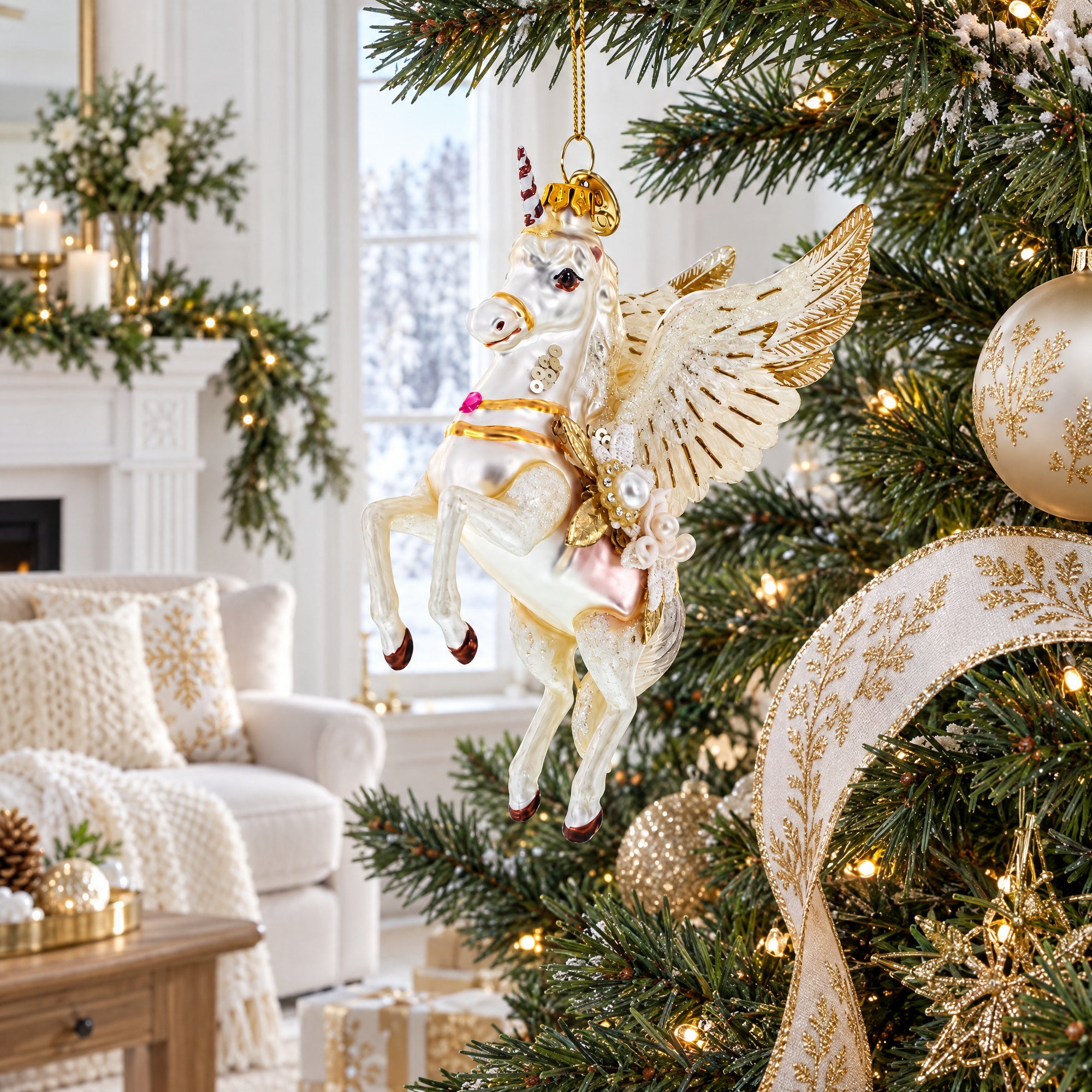 White Unicorn Glass Christmas Ornament