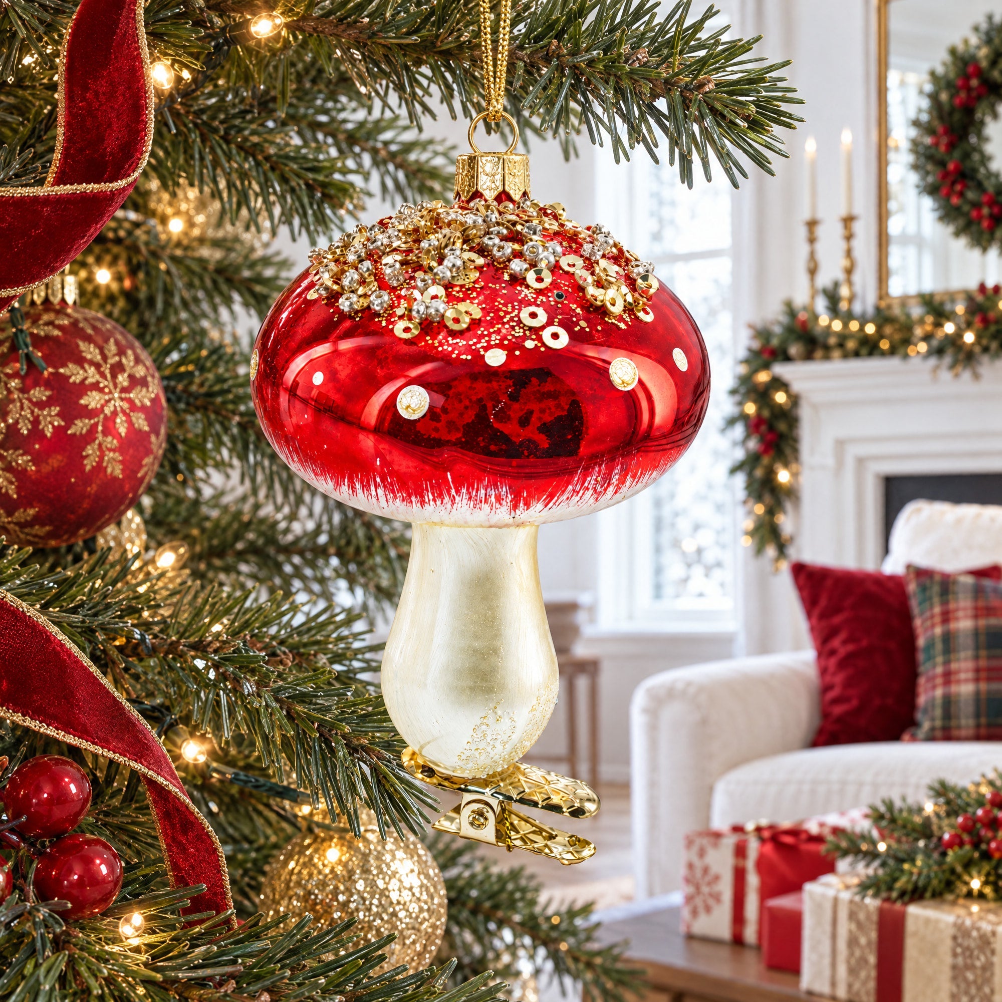 Amanita Mushroom Whimsical Glass Christmas Ornament