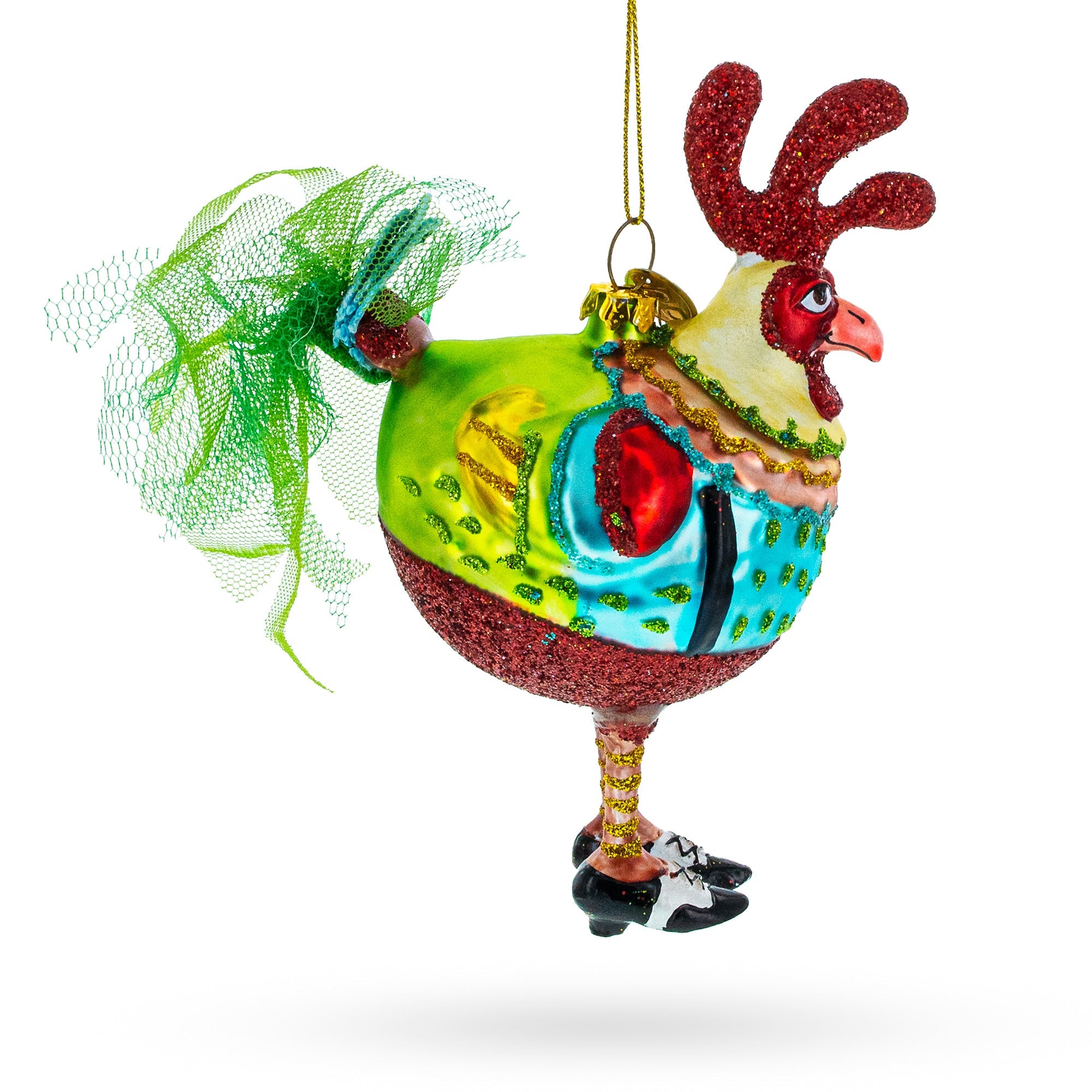 Rooster wearing Shoes Glass Christmas Ornament