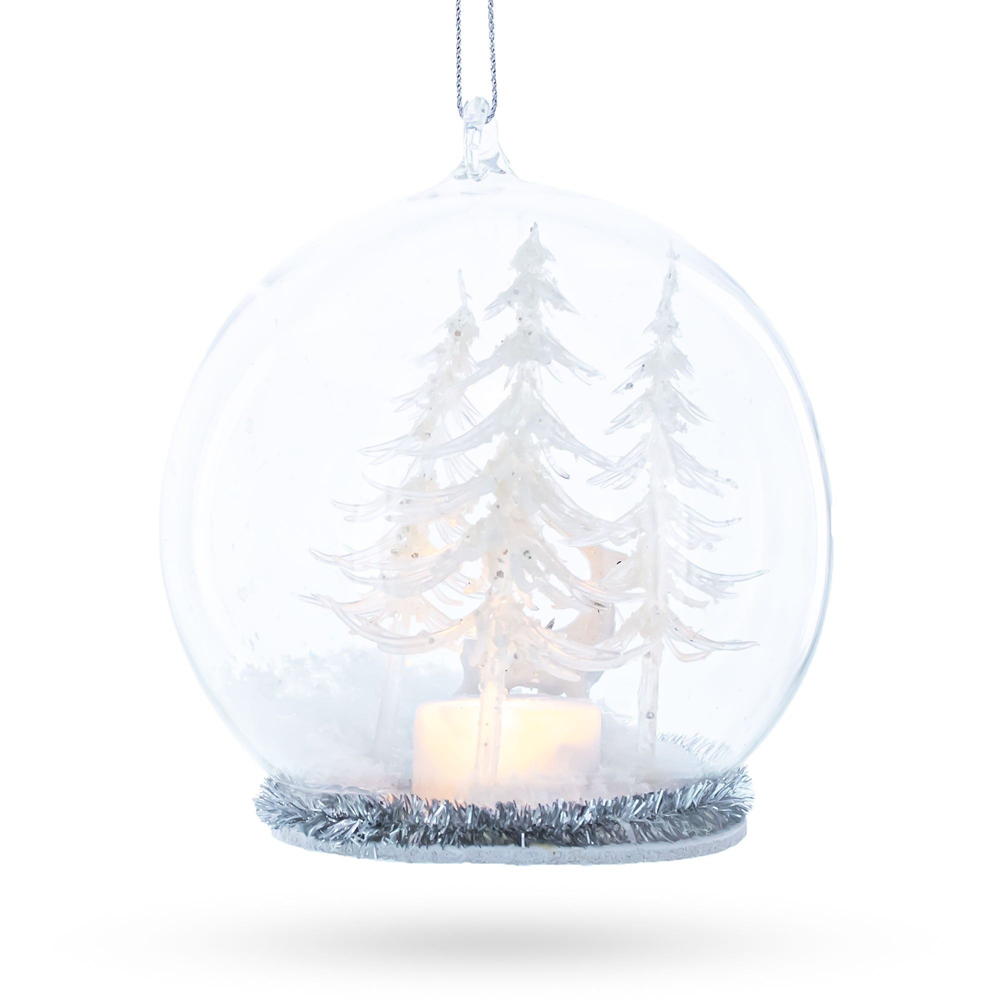 Winter Forest Snow Globe with White Deer Glass Christmas Ornament