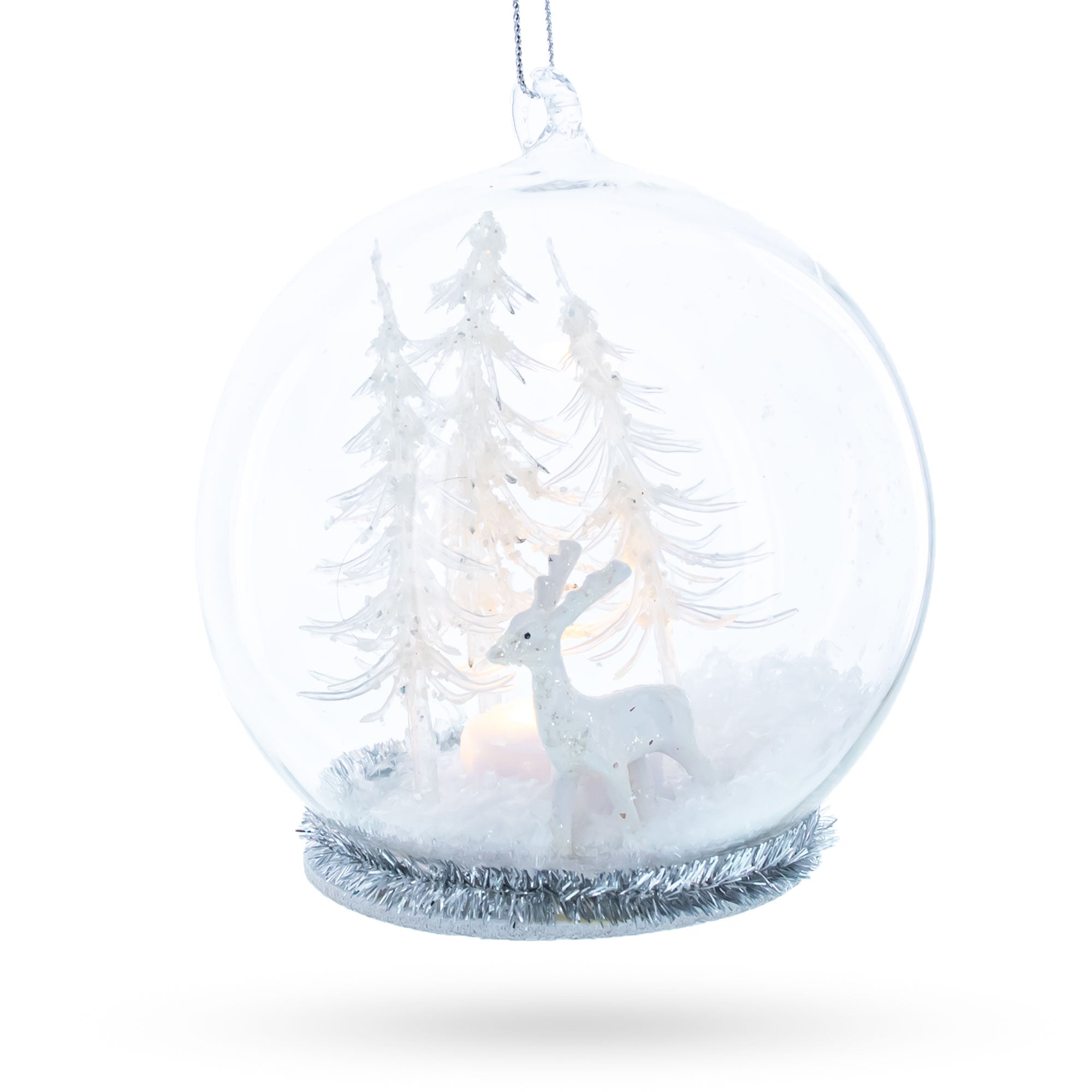 Winter Forest Snow Globe with White Deer Glass Christmas Ornament