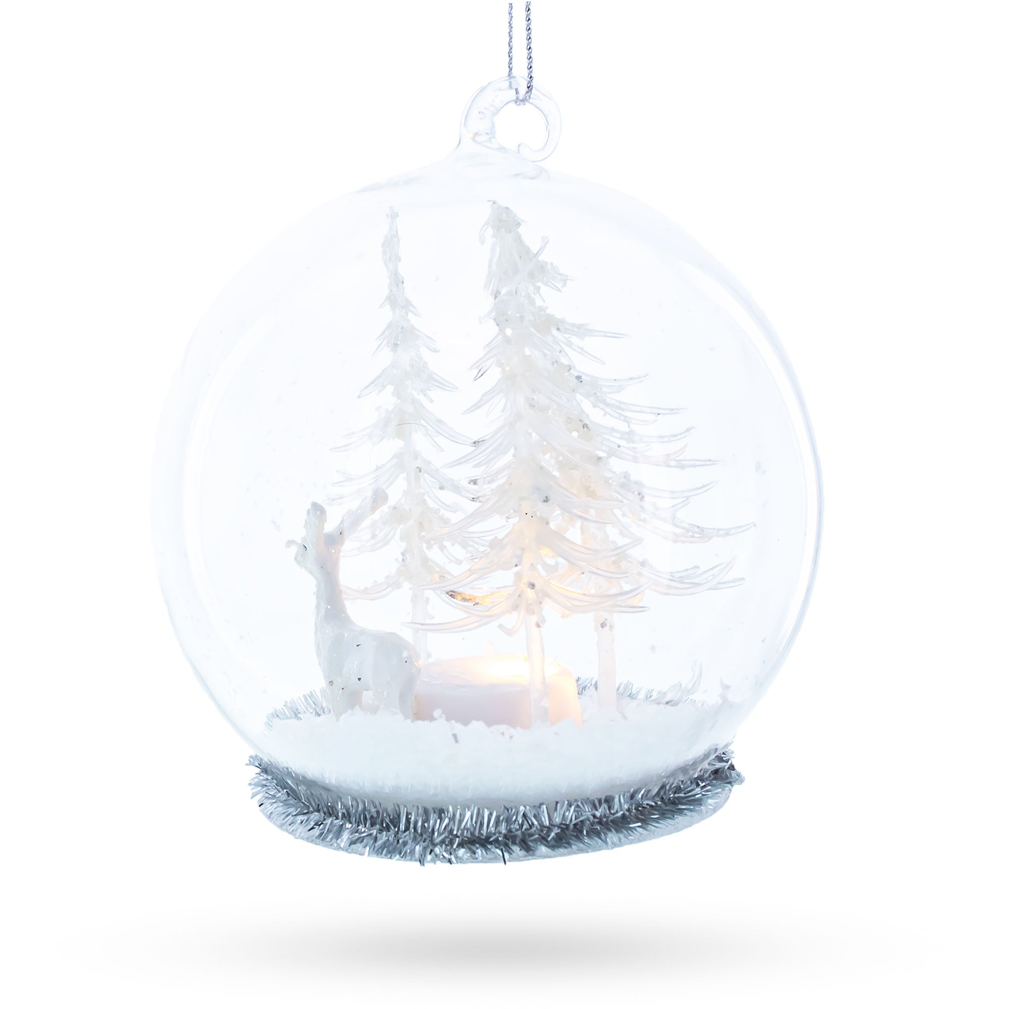 Winter Forest Snow Globe with White Deer Glass Christmas Ornament