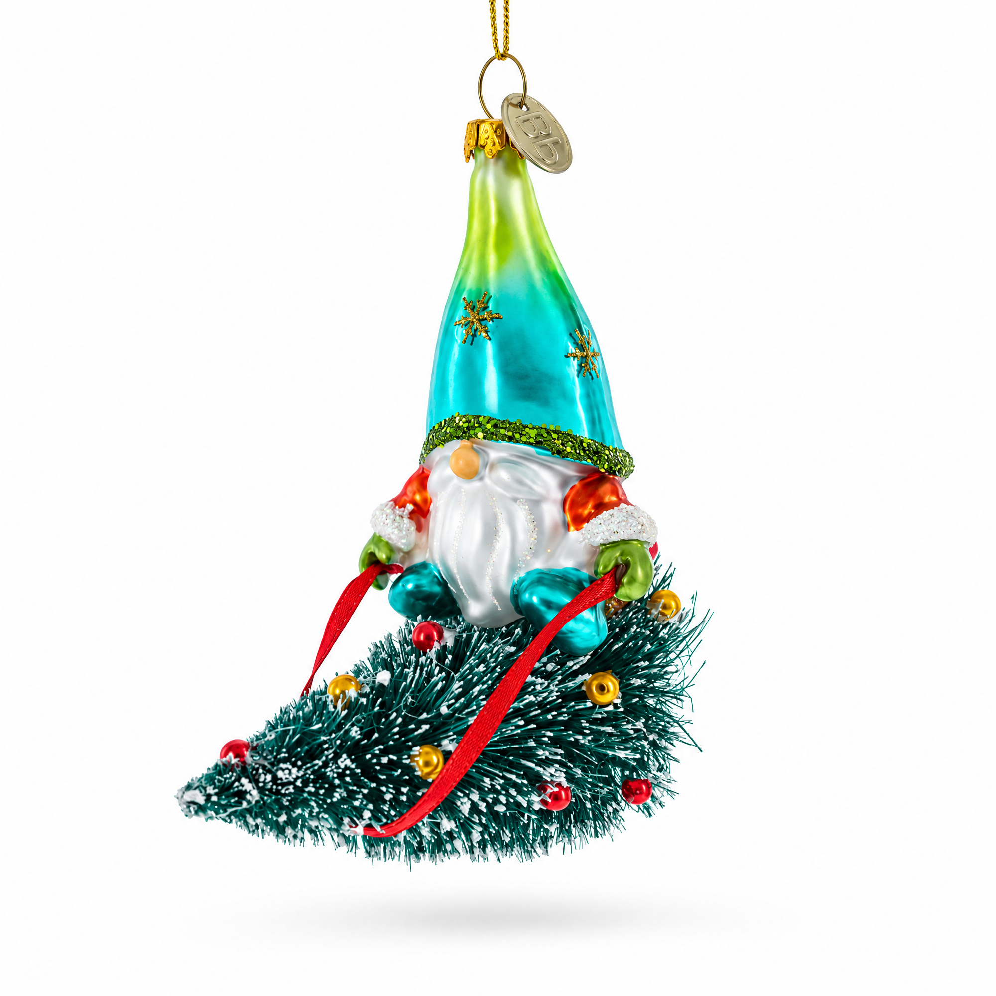 Gnome Adventurer Riding a Festive Tree Glass Christmas Ornament