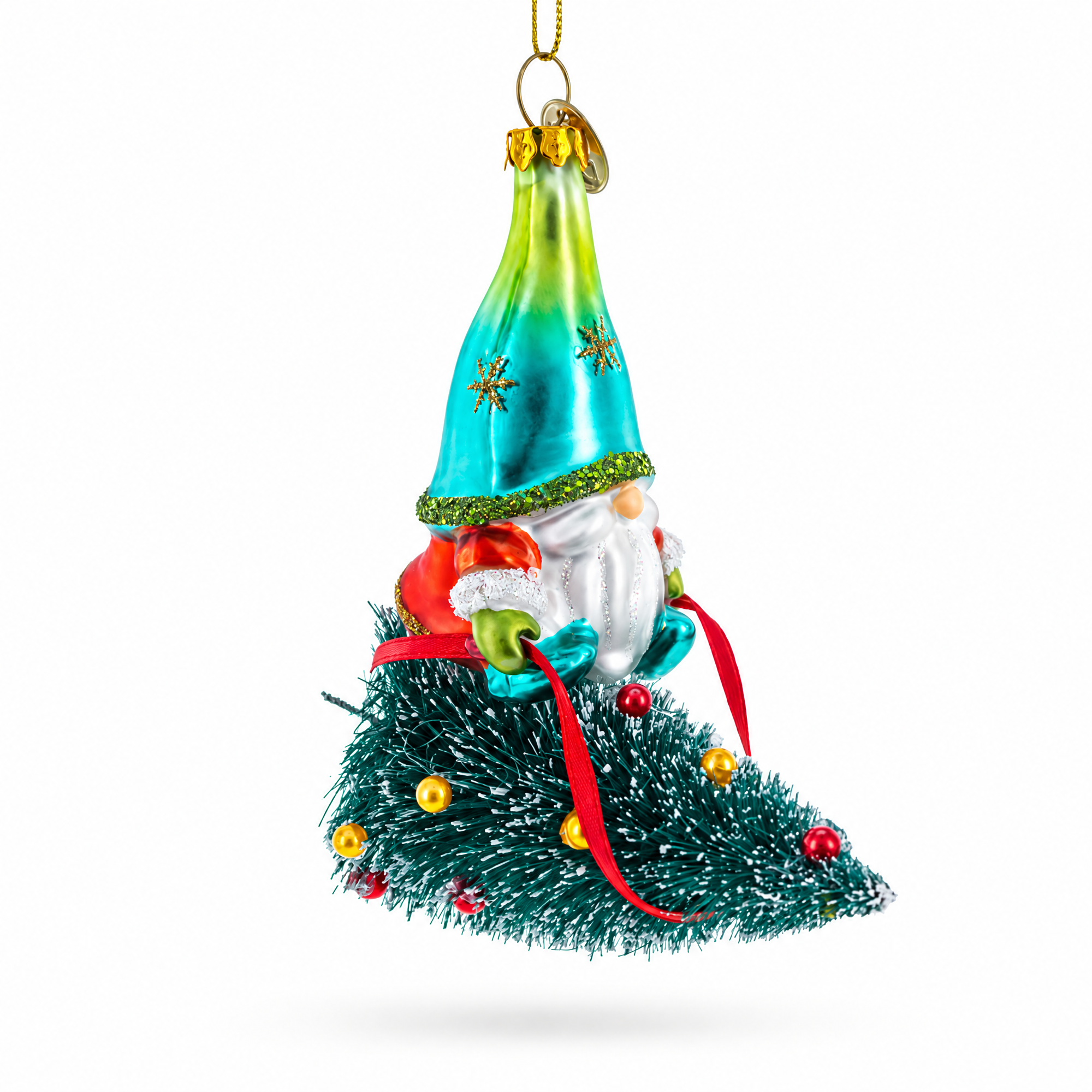 Gnome Adventurer Riding a Festive Tree Glass Christmas Ornament