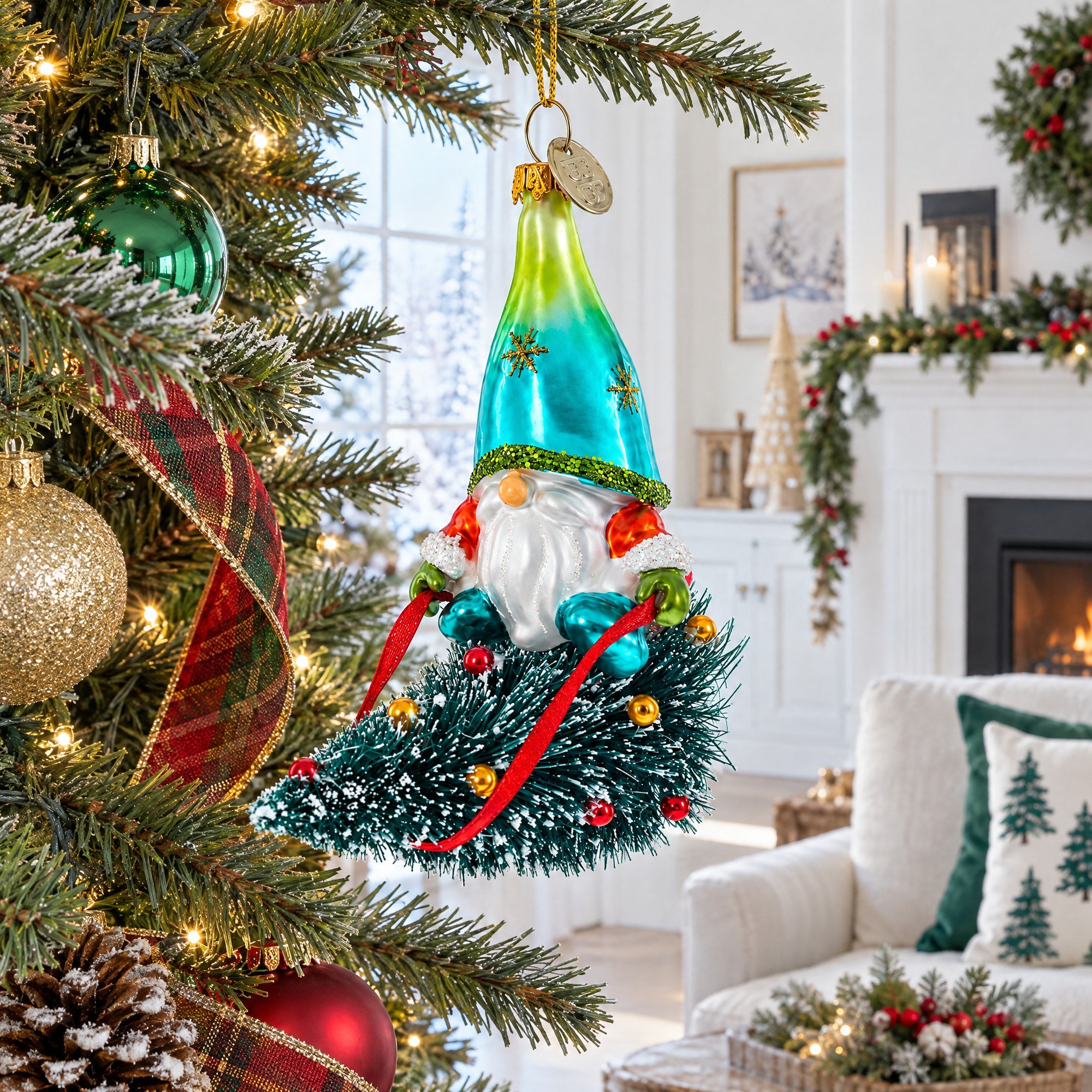 Gnome Adventurer Riding a Festive Tree Glass Christmas Ornament