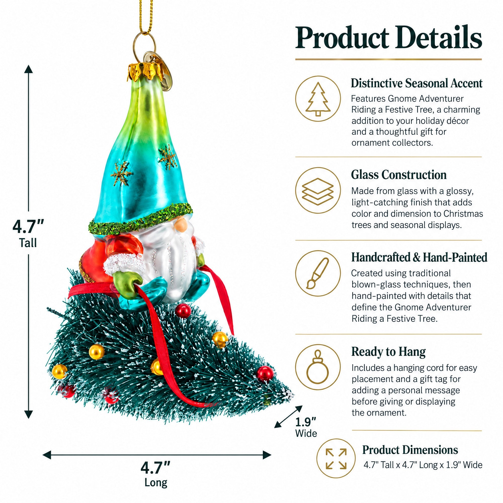 Gnome Adventurer Riding a Festive Tree Glass Christmas Ornament