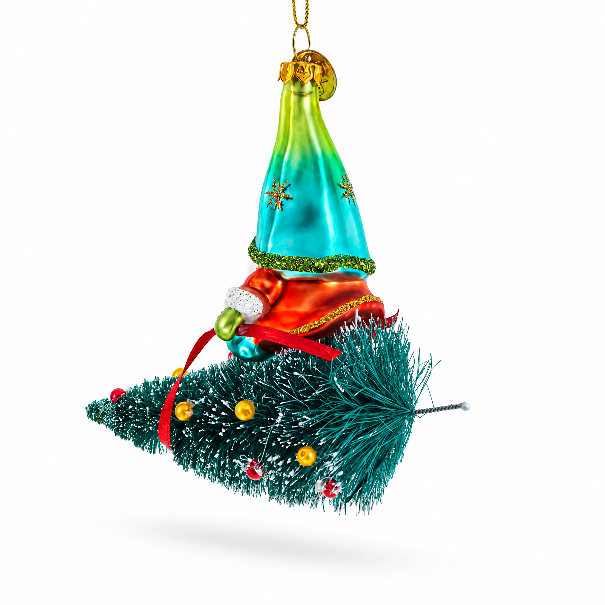 Gnome Adventurer Riding a Festive Tree Glass Christmas Ornament