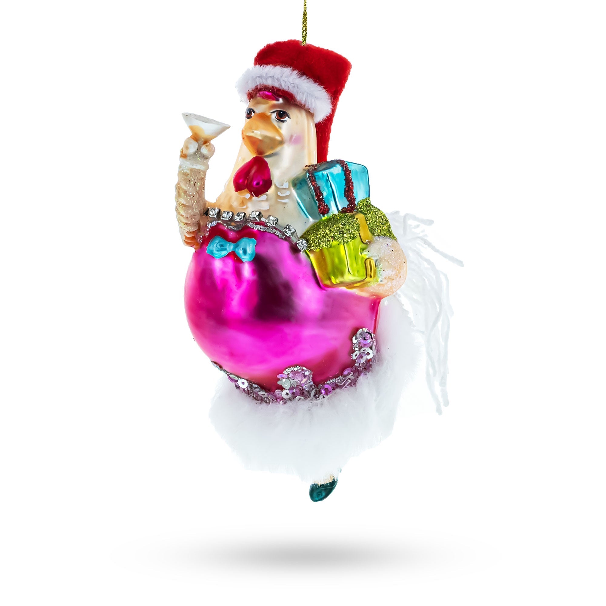 Chicken in Pink Dress Glass Christmas Ornament