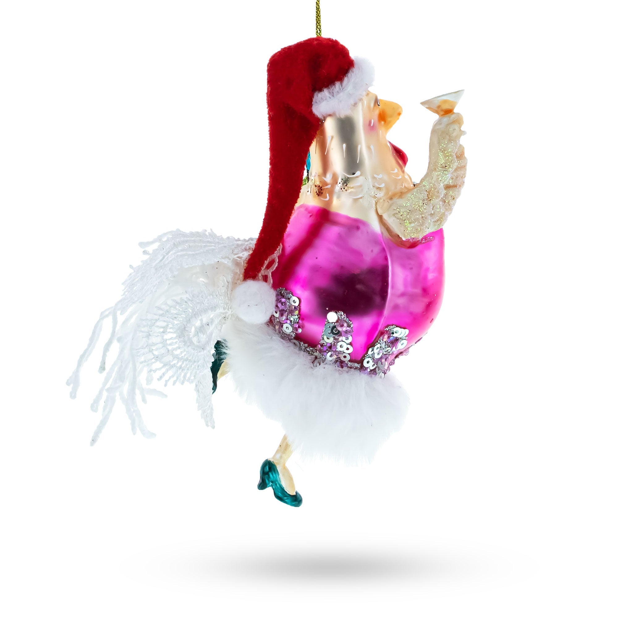 Chicken in Pink Dress Glass Christmas Ornament