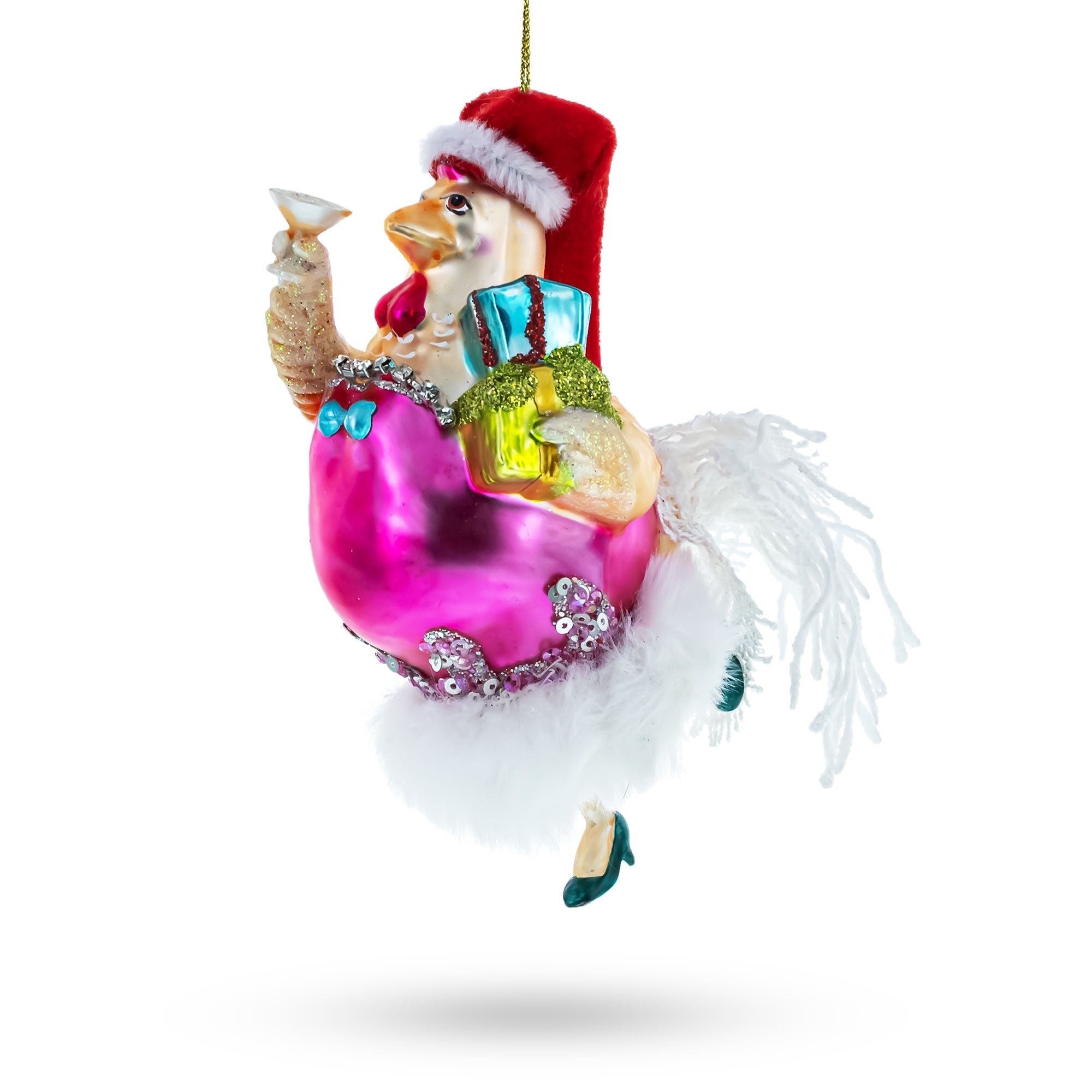 Chicken in Pink Dress Glass Christmas Ornament