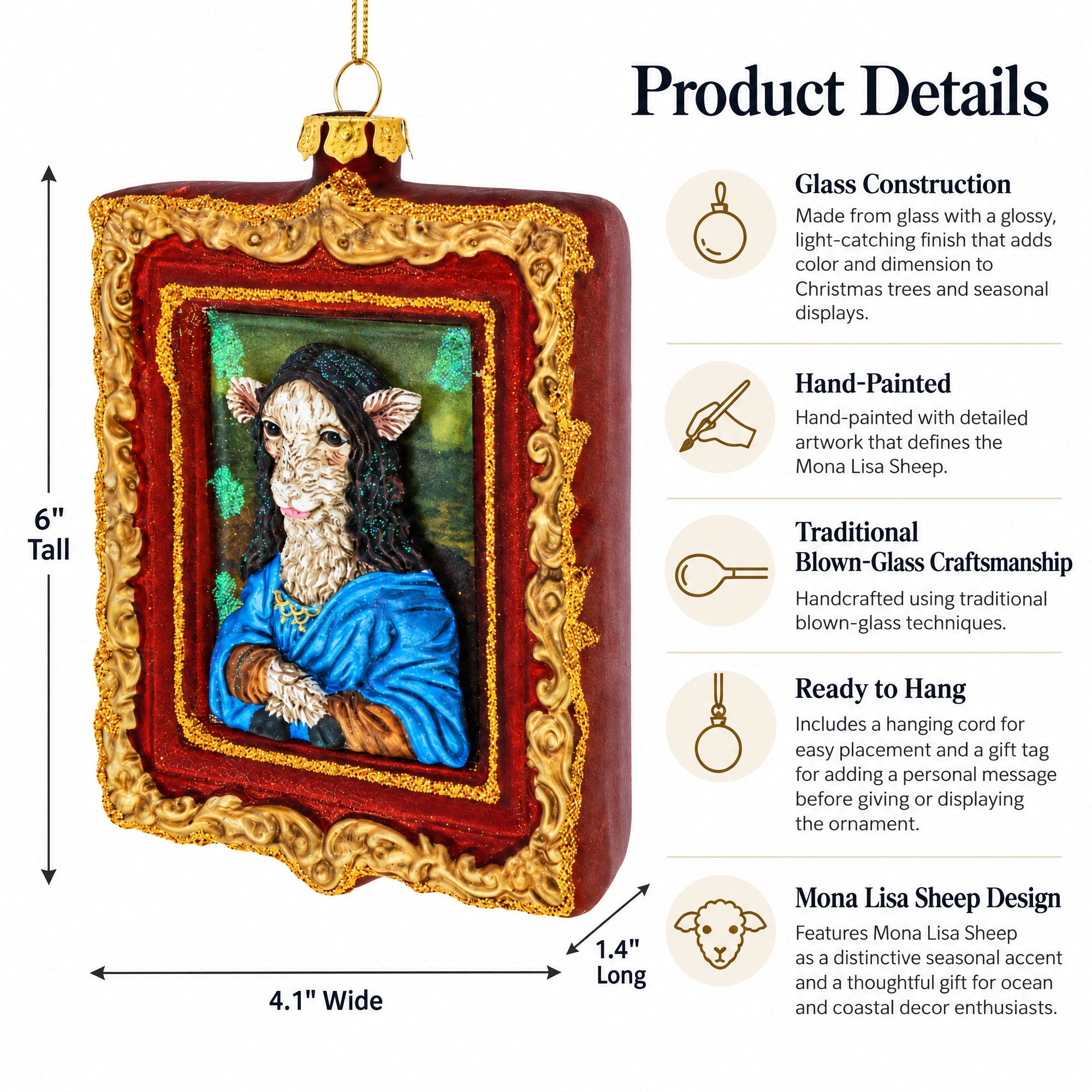 Mona Lisa Sheep Glass Christmas Ornament