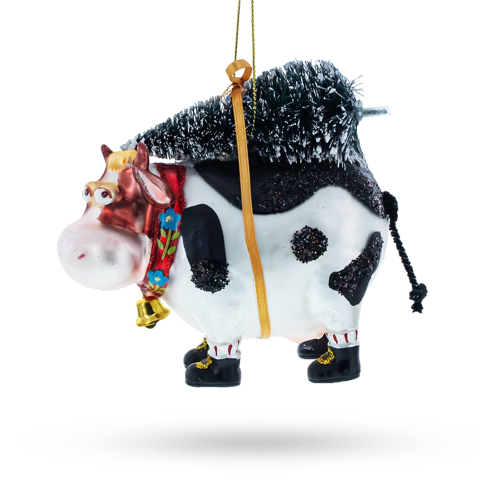Cow Carrying Tree Glass Christmas Ornament