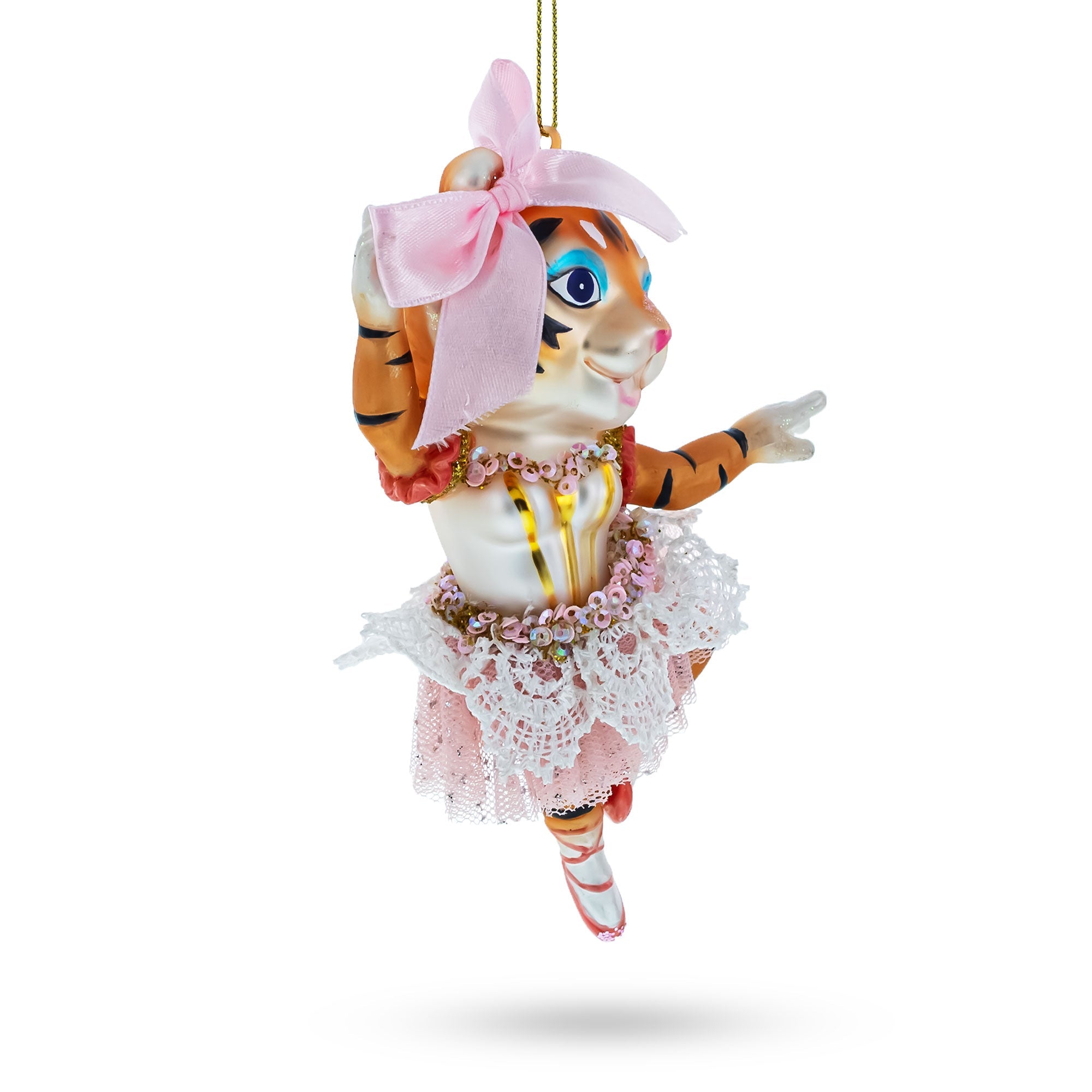 Lady Tiger in Pink Dress Glass Christmas Ornament