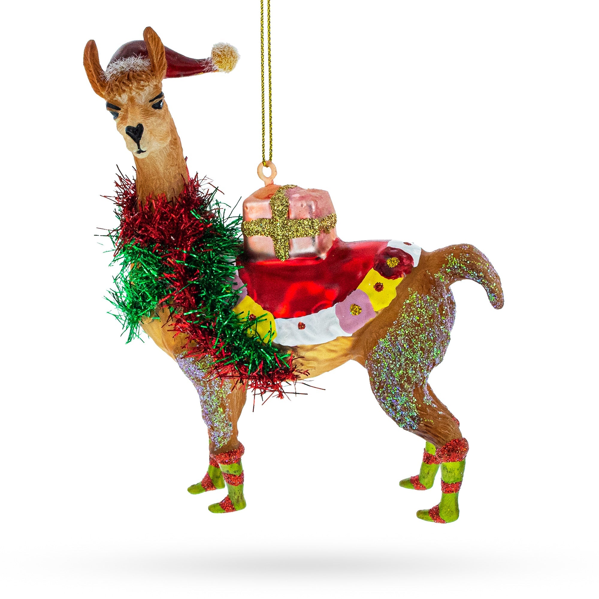 Lama with Gifts Glass Christmas Ornament