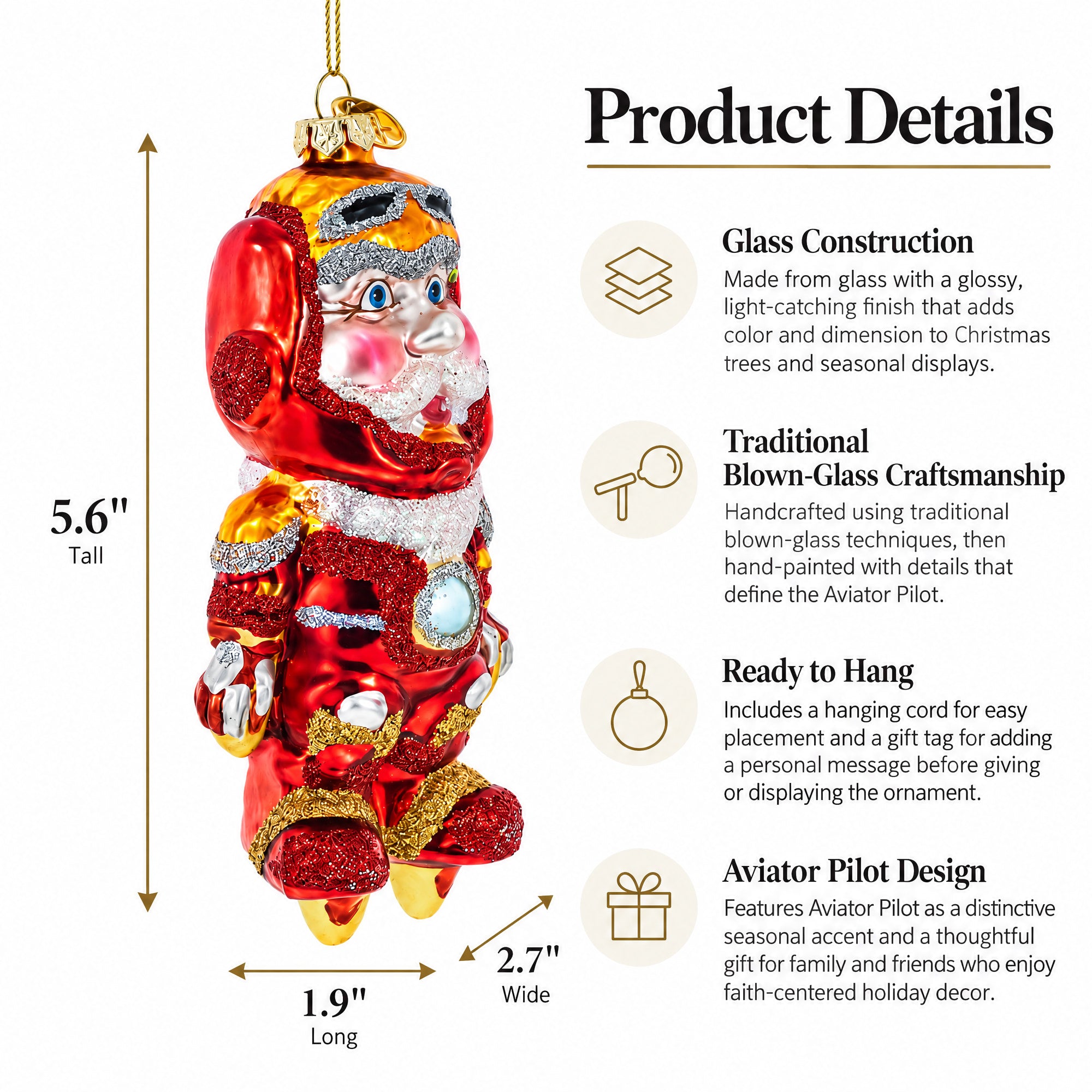 Aviator Pilot Glass Christmas Ornament
