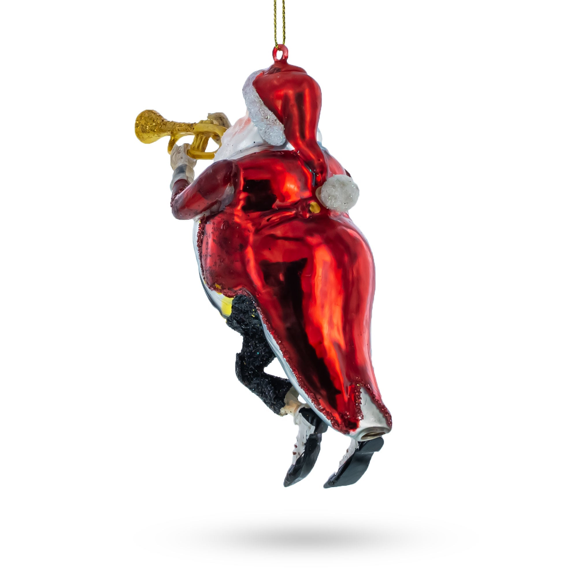 Santa Playing Trumpet Glass Christmas Ornament