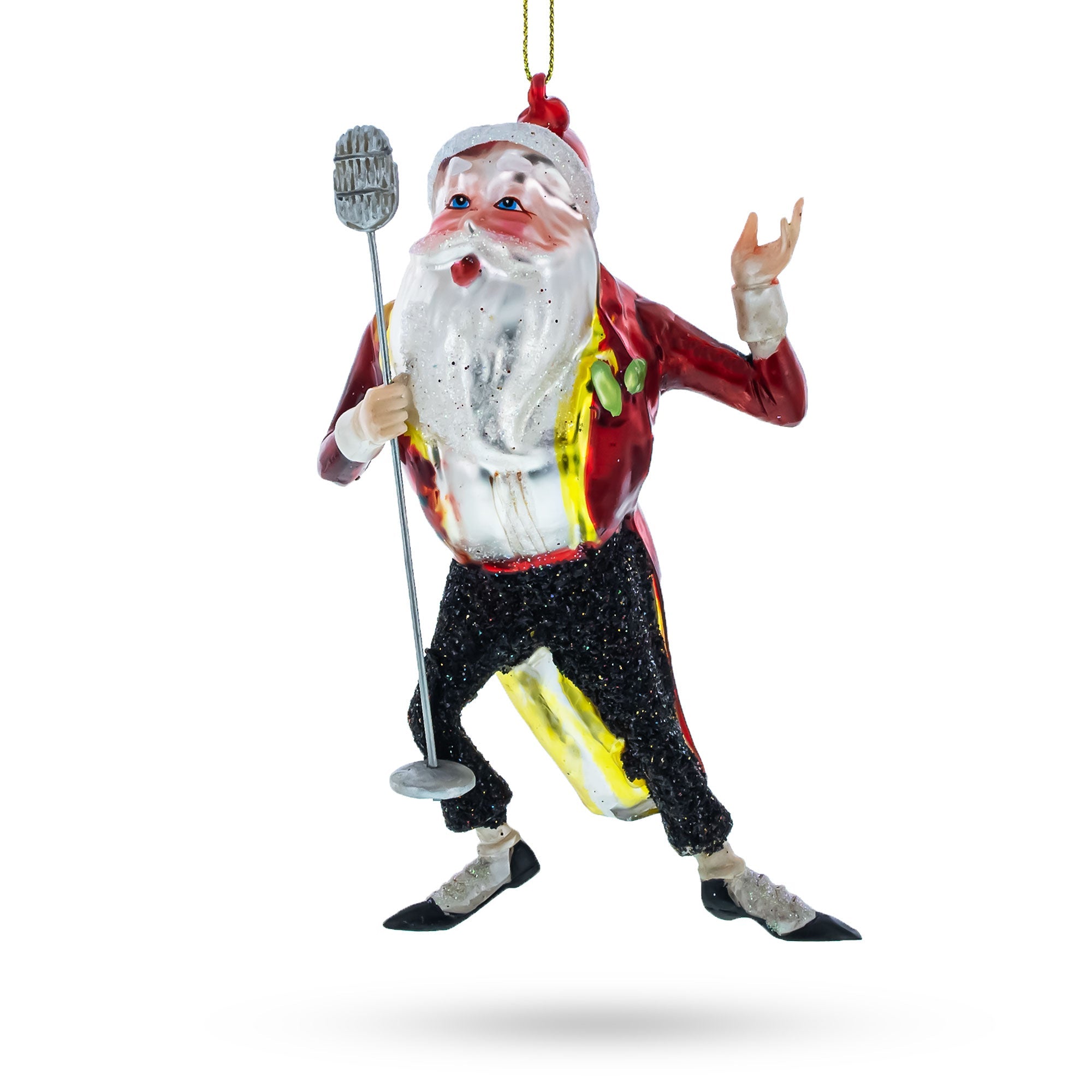 Jolly Singing Santa with Microphone Glass Christmas Ornament