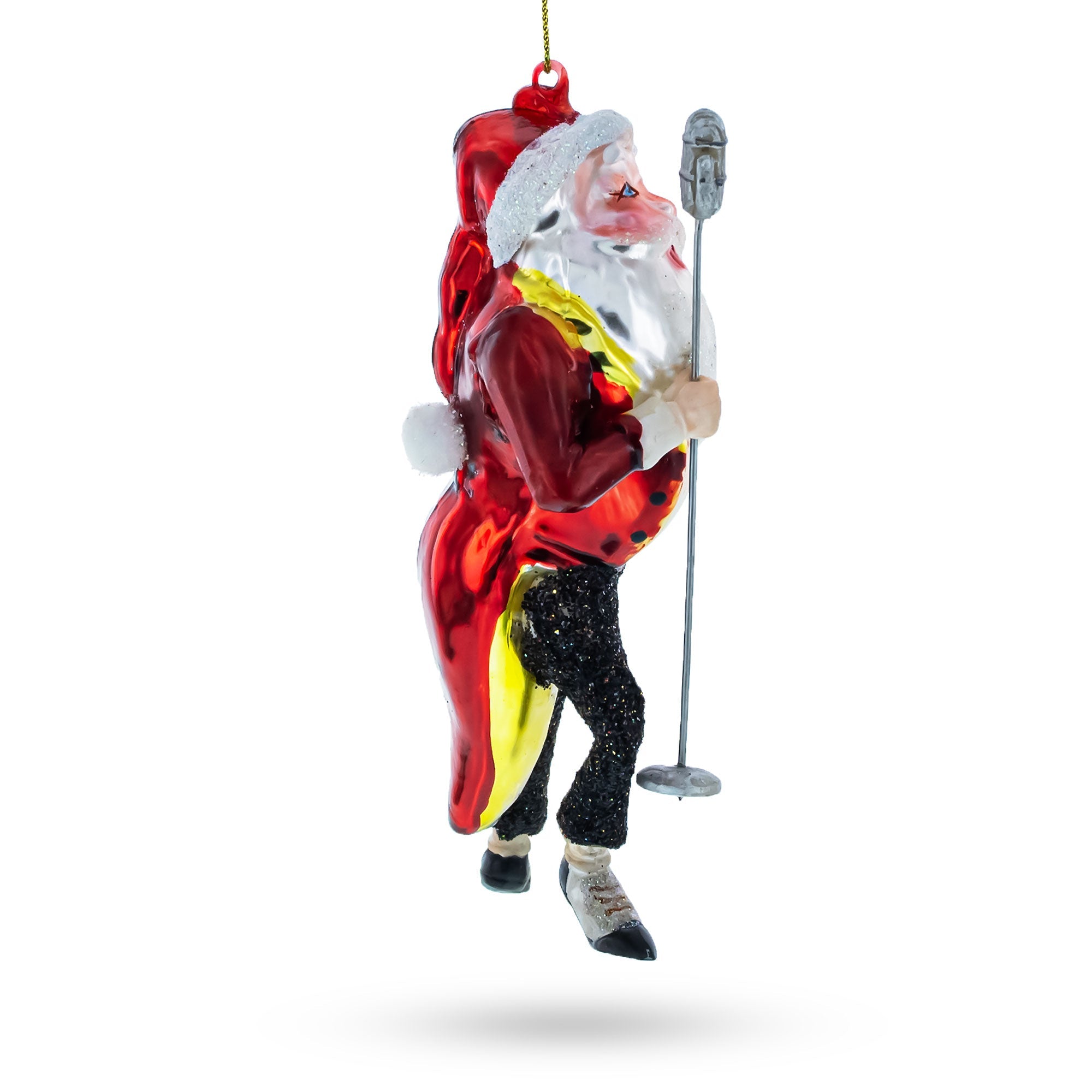 Jolly Singing Santa with Microphone Glass Christmas Ornament